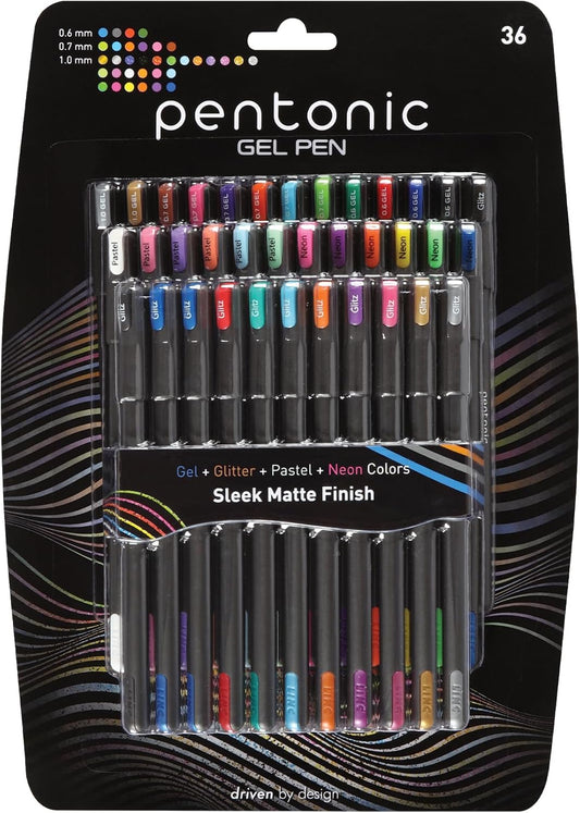 Pentonic Gel Pens, 36 Count, 36 Assorted Colors (Assorted Color, Neon, Pastel & Glitter), Medium & Fine Point, Smooth Writing For Journaling (1002358)