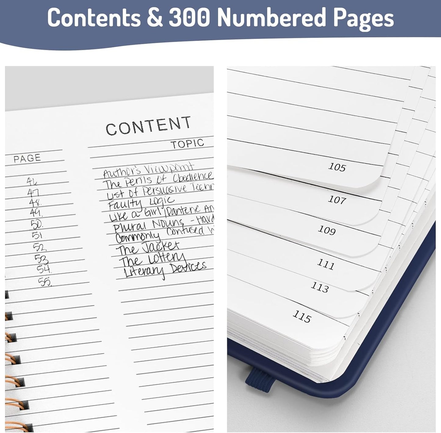 Forvencer Lined Spiral Journal Notebook with 300 Numbered Pages, B5 College Ruled Thick Journals for Writing with 100GSM Paper, Hardcover Notebooks with Contents for Work, School, Women, Men, Navy