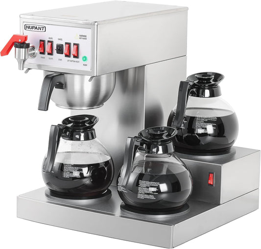 12 Cup Commercial Coffee Maker Auto Filling Drip Coffee Maker Machine with 3 Glass Carafes 3 Warmers Stainless Steel Pour Over Coffee Brewer with Hot Water Dispenser for Restaurant Office Cafe