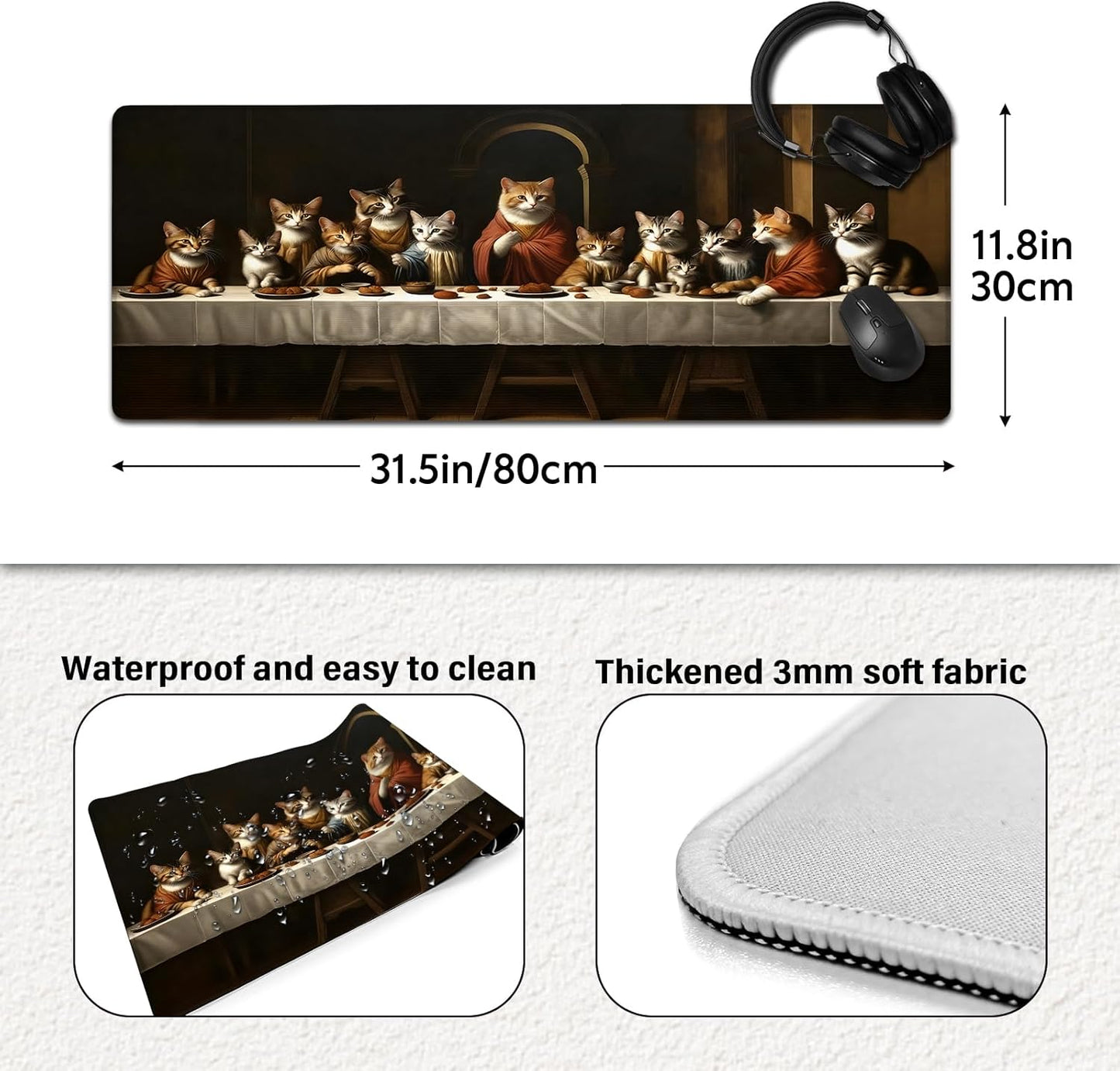 Artistic Cat Last Supper Mouse Pad, Adorable Cats in Religious Scenario Mousepad - Large Non-Slip Desk Mat for Office, PC, Laptop - 31.5"x11.8" x 3mm