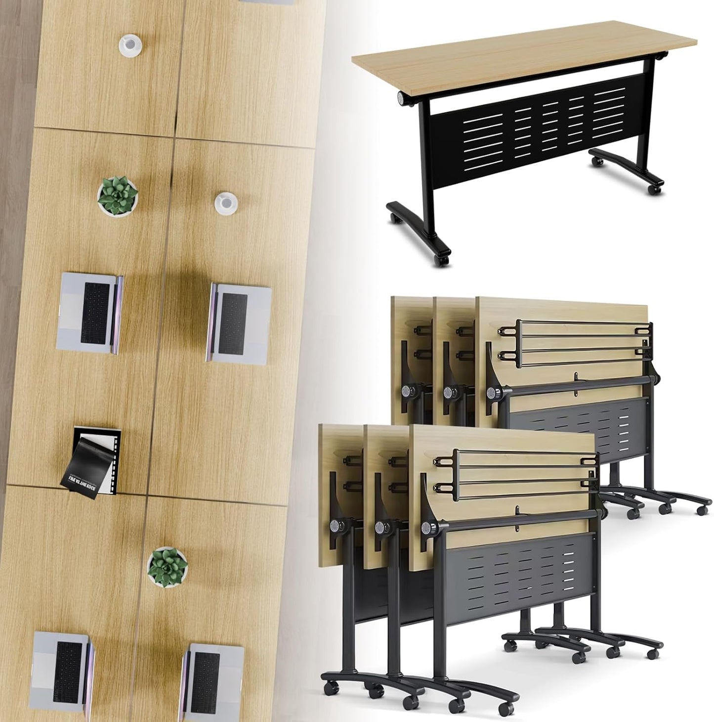 Folding Conference Room Table, Modern Conference Tables with Wheels, Large Rectangular Mobile Training Tables for Office Classroom, Foldable Modular Boardroom Seminar Table Maple (6pack L63in)