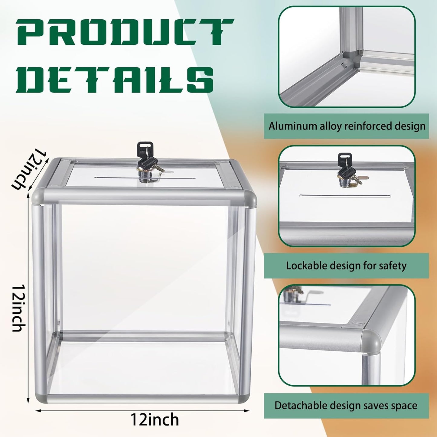 2 Pcs 12 x 12 x 12 in Acrylic Donation Raffle Box with Slot & Lock, Large Clear Ballot Offering Suggestion Ticket Container for Fundraising Drawing Tip Jar Voting (Clear)