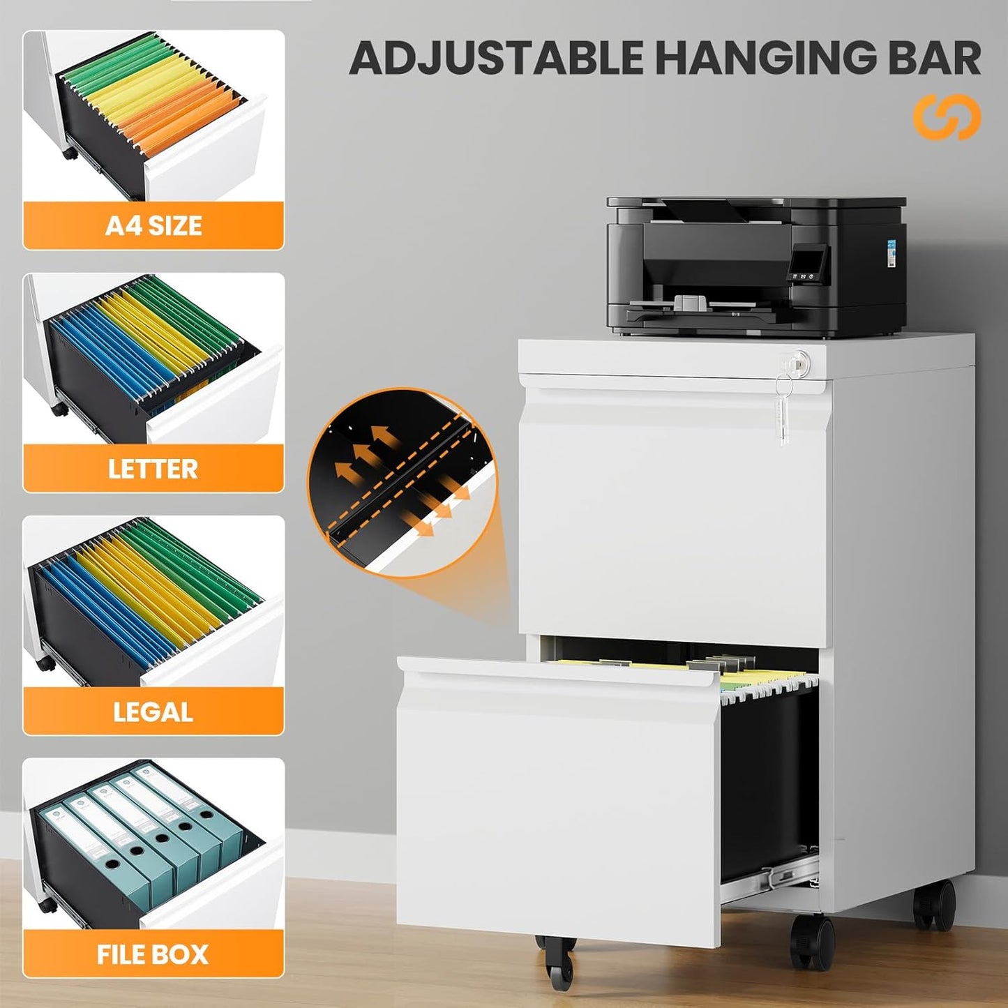 2 Drawer File Cabinet, Fully Assembled Mobile File Cabinets with Lock, Metal Rolling Filing Caninet on Wheels, Small Two Drawer Under Desk Cabnet for Letter/Legal / A4 / File Box - White