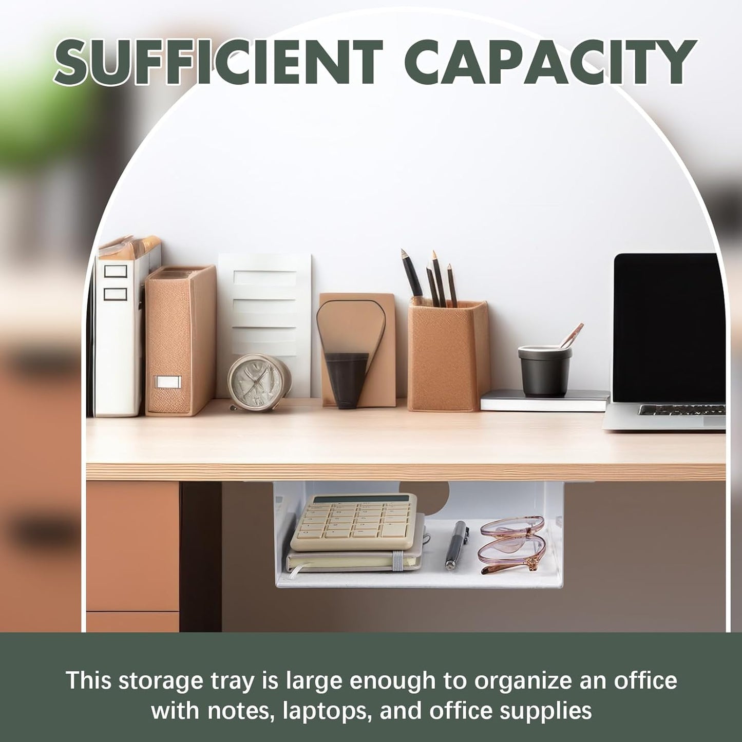 2 Pack Under Desk Storage Shelf, Carbon Steel Tray with Mute Felt Sheets, Mount Shelves Organizer for Office Home Workstation Gaming Desk Stand up (7.5x8x2.8 In/Storage Shelf,White)