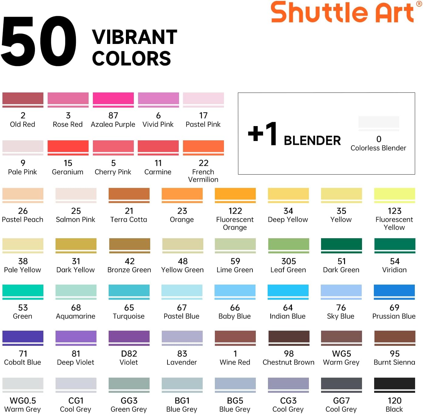 Shuttle Art Alcohol Markers Brush tip, Dual Tip Brush & Chisel Tip Art Marker Set, 50 Colors plus 1 Blender Permanent Marker Pens with Case Perfect for Illustration Students Adults Coloring