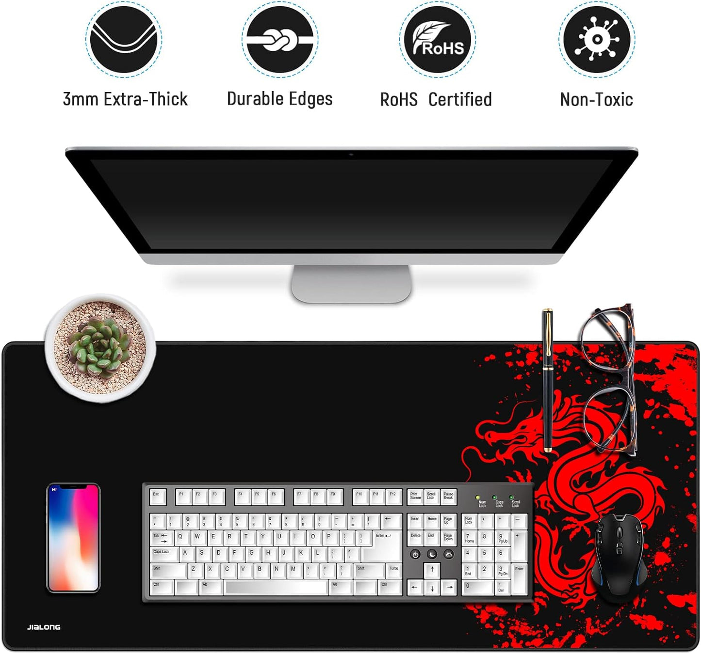 JIALONG Gaming Mouse Pad Large Size 35.4x15.7 inches Extended Desk Mousepad with Personalized Design for Laptop, Computer PC - Red Dragon