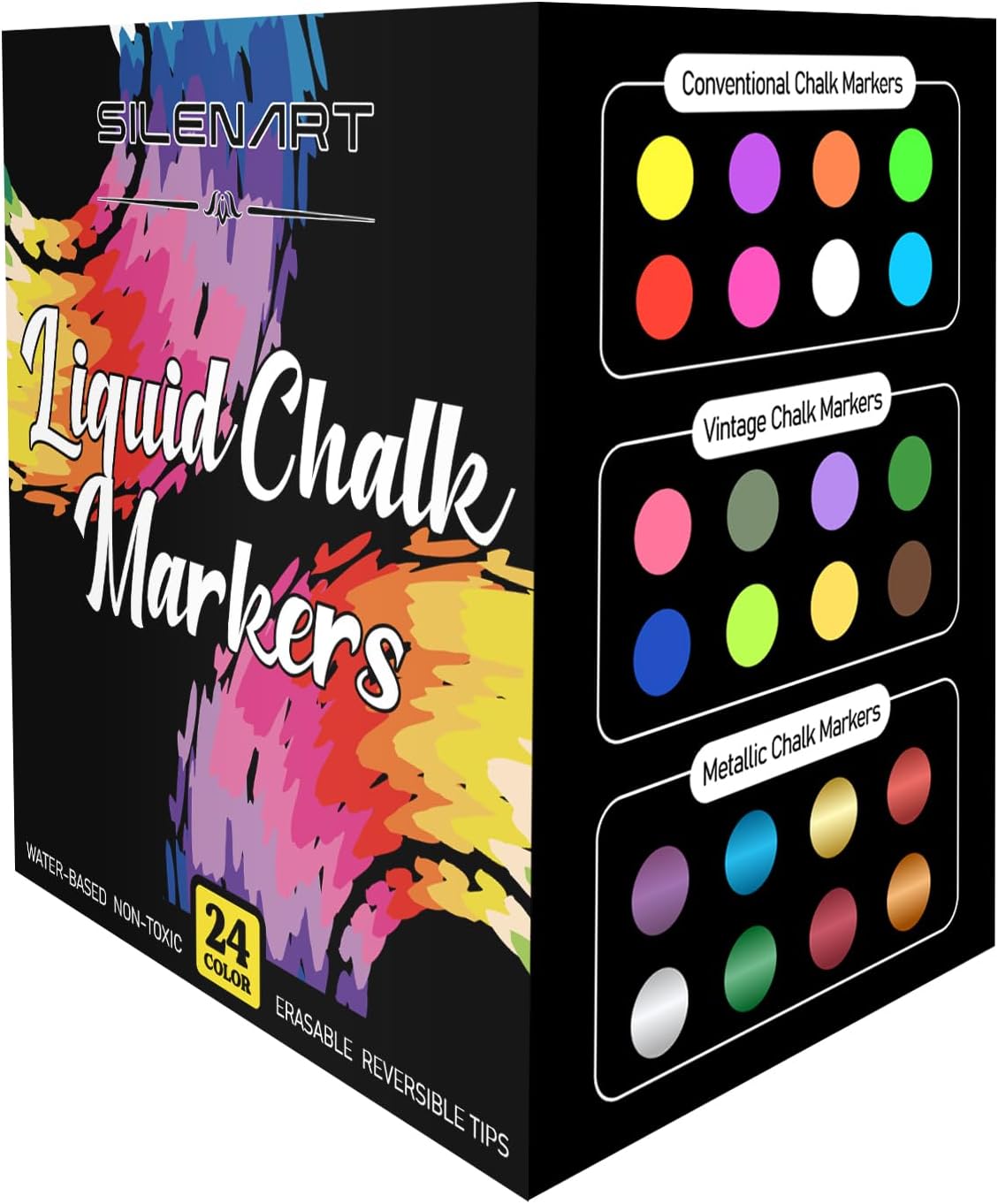 SILENART Chalk Markers for Blackboard - 24 Pack - 8 Neon & 8 Metallic & 8 Vintage Chalkboard Marker - Erasable Pen for Windows, Glass, Whiteboard and Dry Erase Board