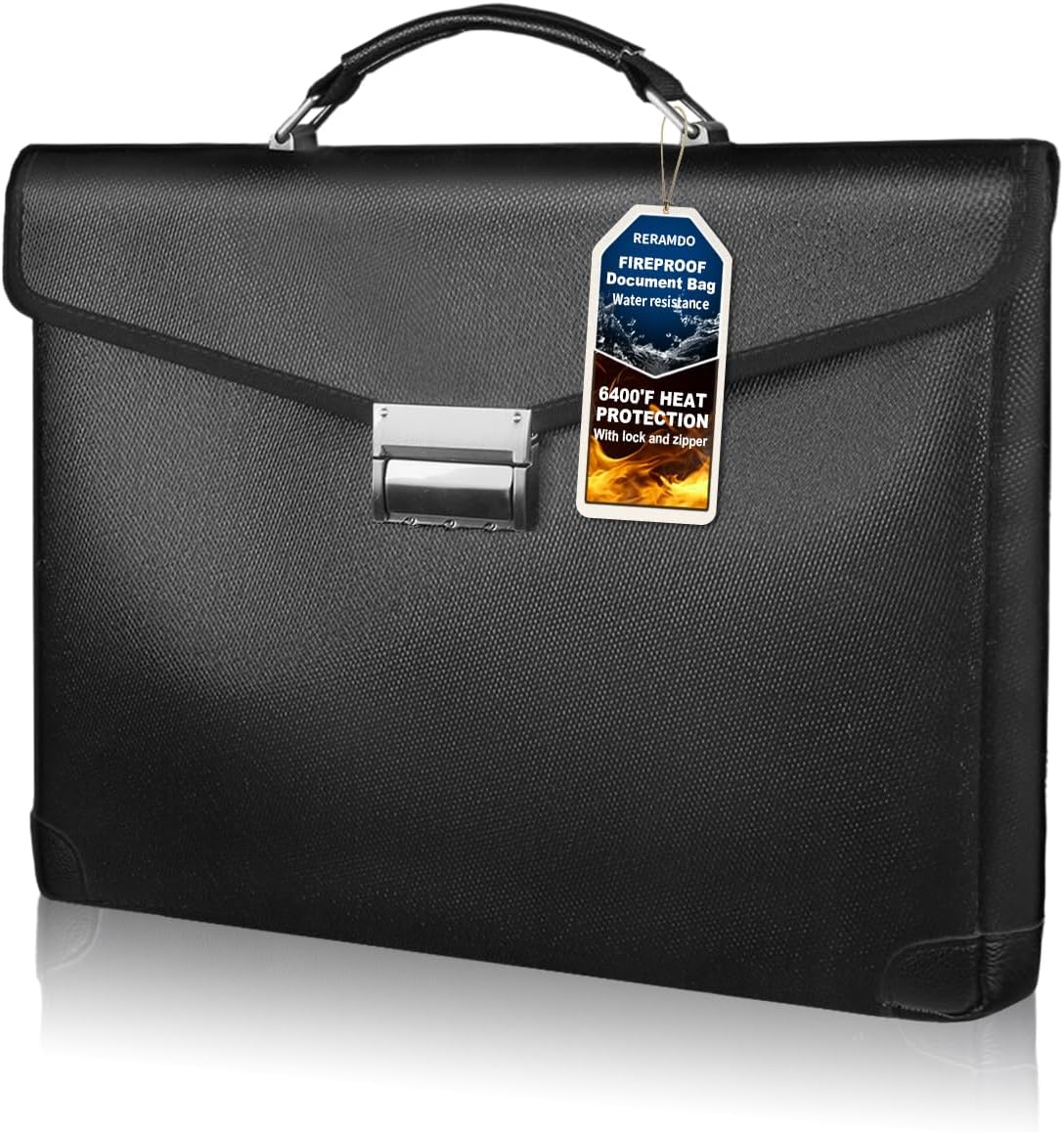 Fireproof Document Bag 14.5"X11"X2.5" Fireproof Money Bag for Cash With Lock and Zipper,Fire&Waterproof Storage Organizer Pouch for Valuables,Legal Document,Laptop,Passport,(Black)
