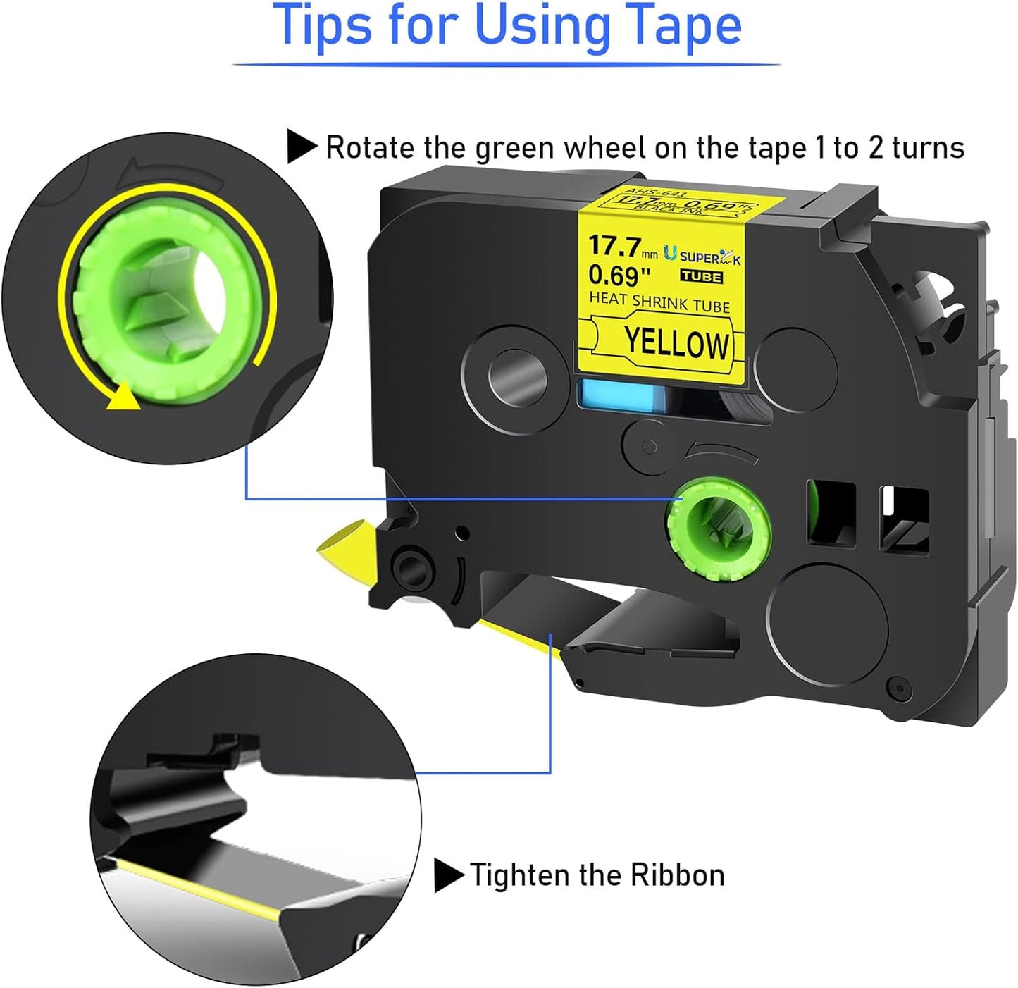10PK Compatible for Ptouch HSe-641 HSe641 HS-641 HS641 Black on Yellow 17.7mm 0.69'' Heat Shrink Tubing for Wire Cable for PT9200dx PT9400 PT9500pc PT9600 Label Maker Tape