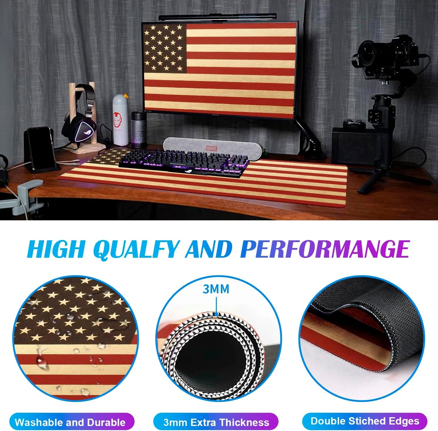 American Flag Extended Mouse Pad, Large Gaming Mouse Pad XXL Laptop Mouse Keyboard Pad 35.4 x 15.7-Inch Office Desk Decoration