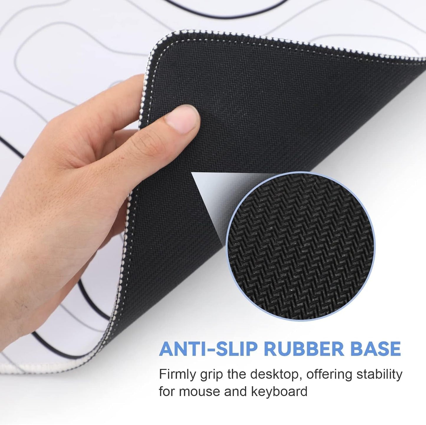 Large Gaming Mouse Pad with Stitched Edges, Anti-Slip Base, White Synthetic Cloth and Rubber Desk Pad