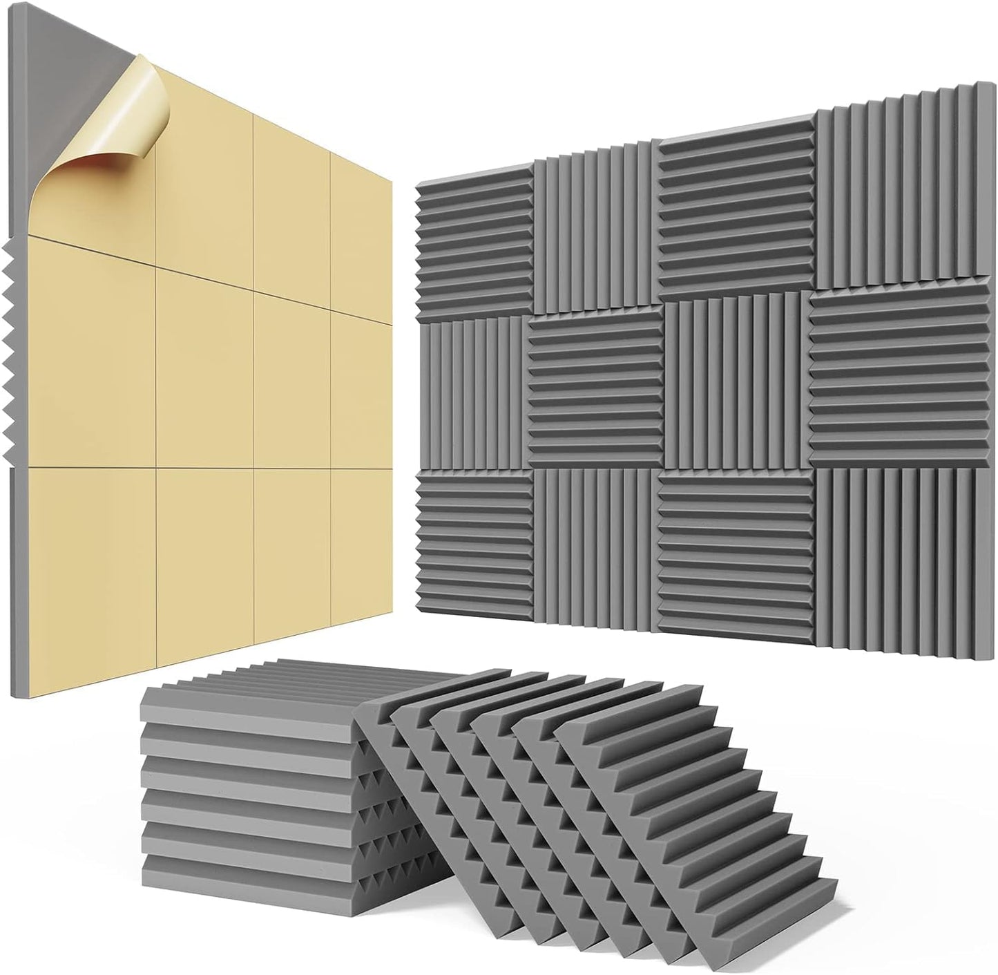 12 Pack Self-Adhesive Acoustic Panels - 1”X 12”X 12”Wall Panels - Quick-Recovery and High Density Sound Panels - Sound proof Acoustic Foam for Home Studio - Gray