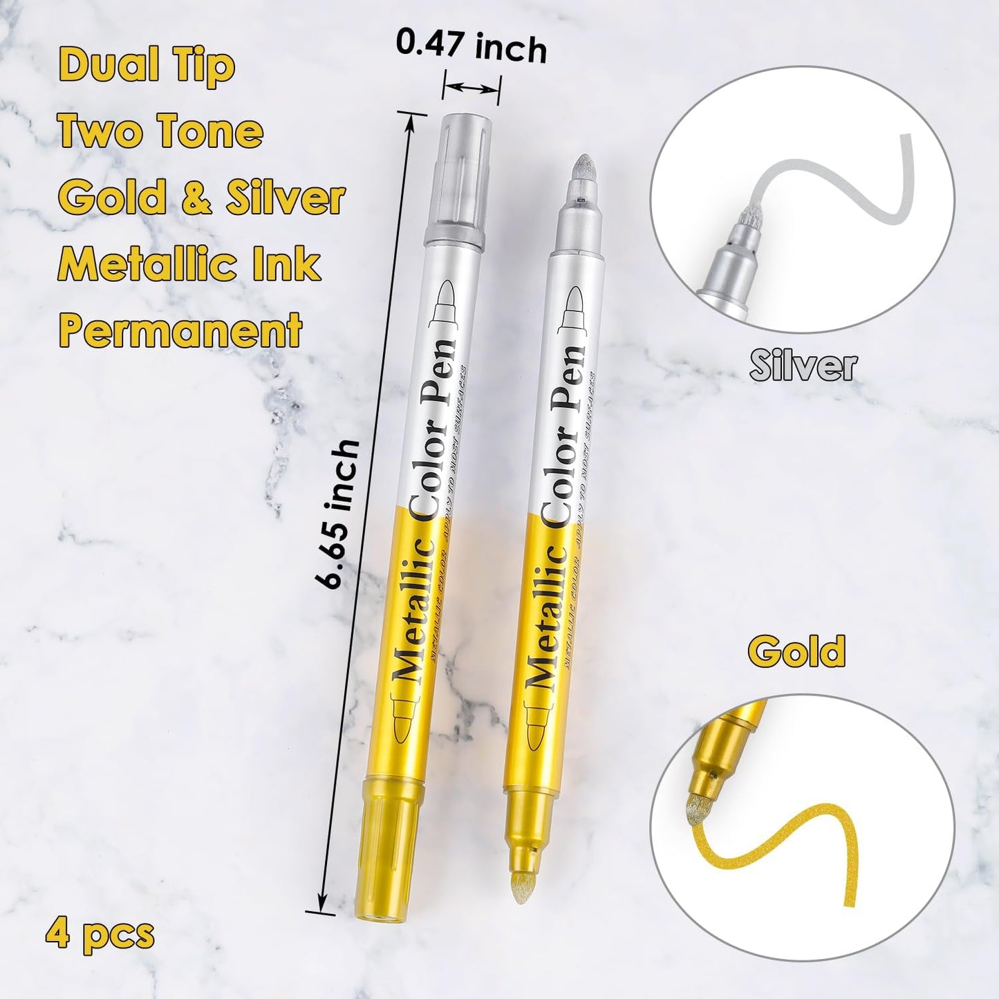 Dyvicl Metallic Marker Pens Dual Tip, Permanent Metallic Silver and Gold Paint Pens for Black Paper, Wine Glass, Rock Painting, Christmas Card Making, Scrapbook, DIY Art Crafts, Set of 4