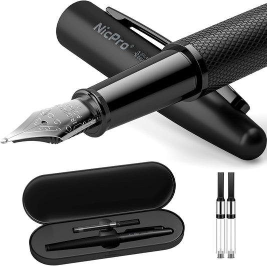Nicpro Fountain Pen Set with Box, Classic Black Fancy Pen with Converter, 0.5mm Fine Nib Smooth Writing Calligraphy, Luxury Gift Pen