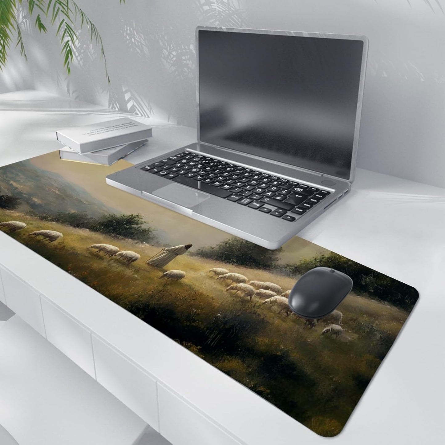 Retro Christian Themed Mouse Pad,Jesus Religious Mouse Pad,Big Large Vintage Easter Desk Mat,Jesus The Good Shepherd,Religious Gifts Christian Gifts for Women,Christian Room Decor,31.5x11.8In