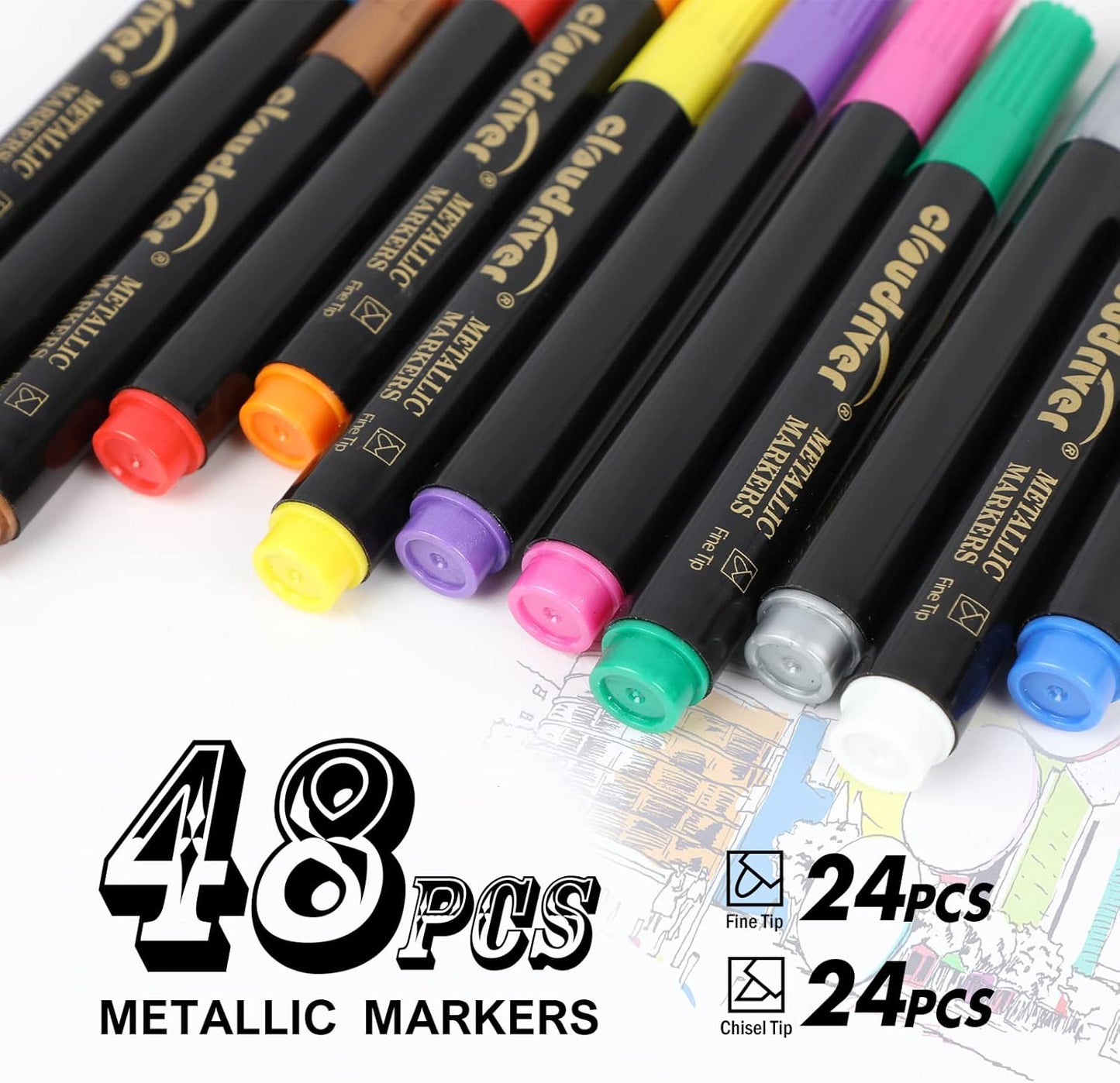 cloudriver Metallic Marker Pens, 48 Count, 12 Assorted Colors, Fine and Chisel Tip, Metallic Marker Pens For Black Paper, Art Rock Painting, Easter Egg, Card Making, Scrapbook Crafts