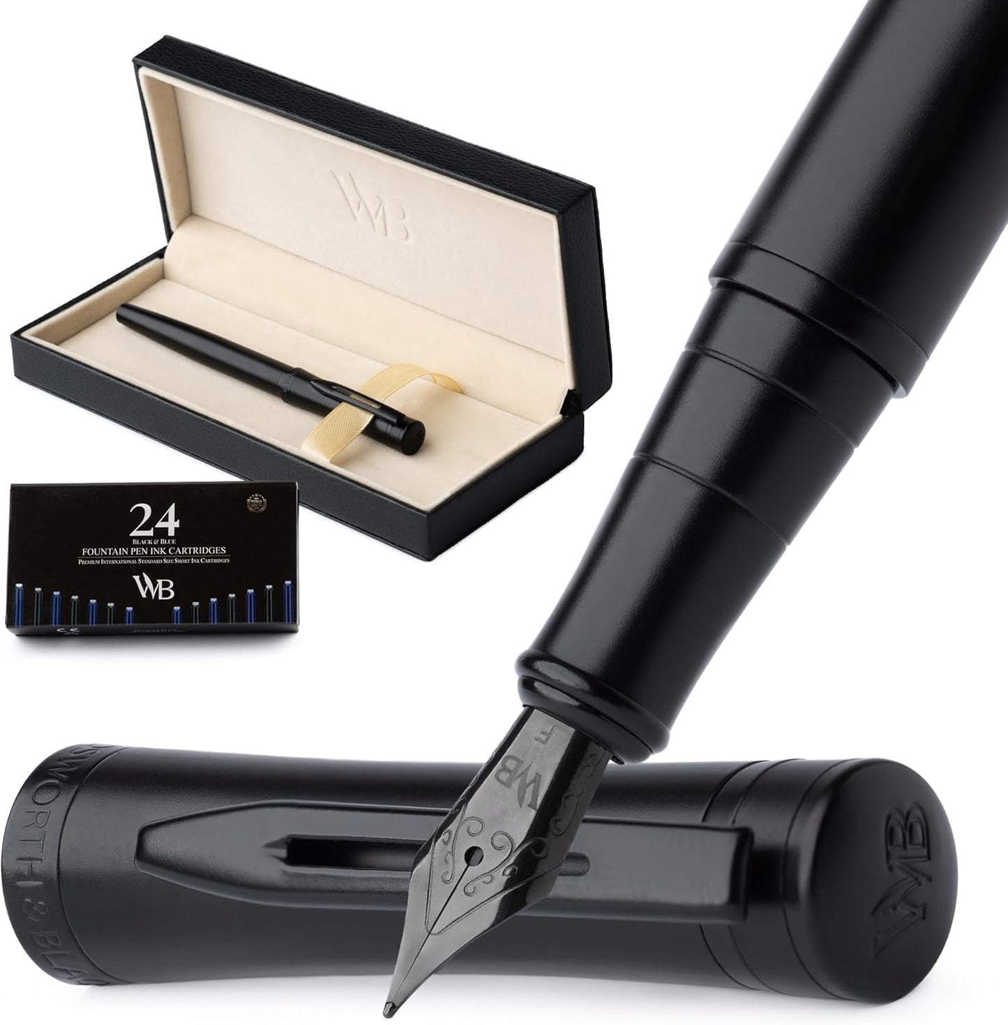 Wordsworth & Black Fountain Pen Set, Fine Nib, Includes 24 Pack Ink Cartridges, Ink Refill Converter & Gift Box, Calligraphy, [All Black], Perfect for Men & Women