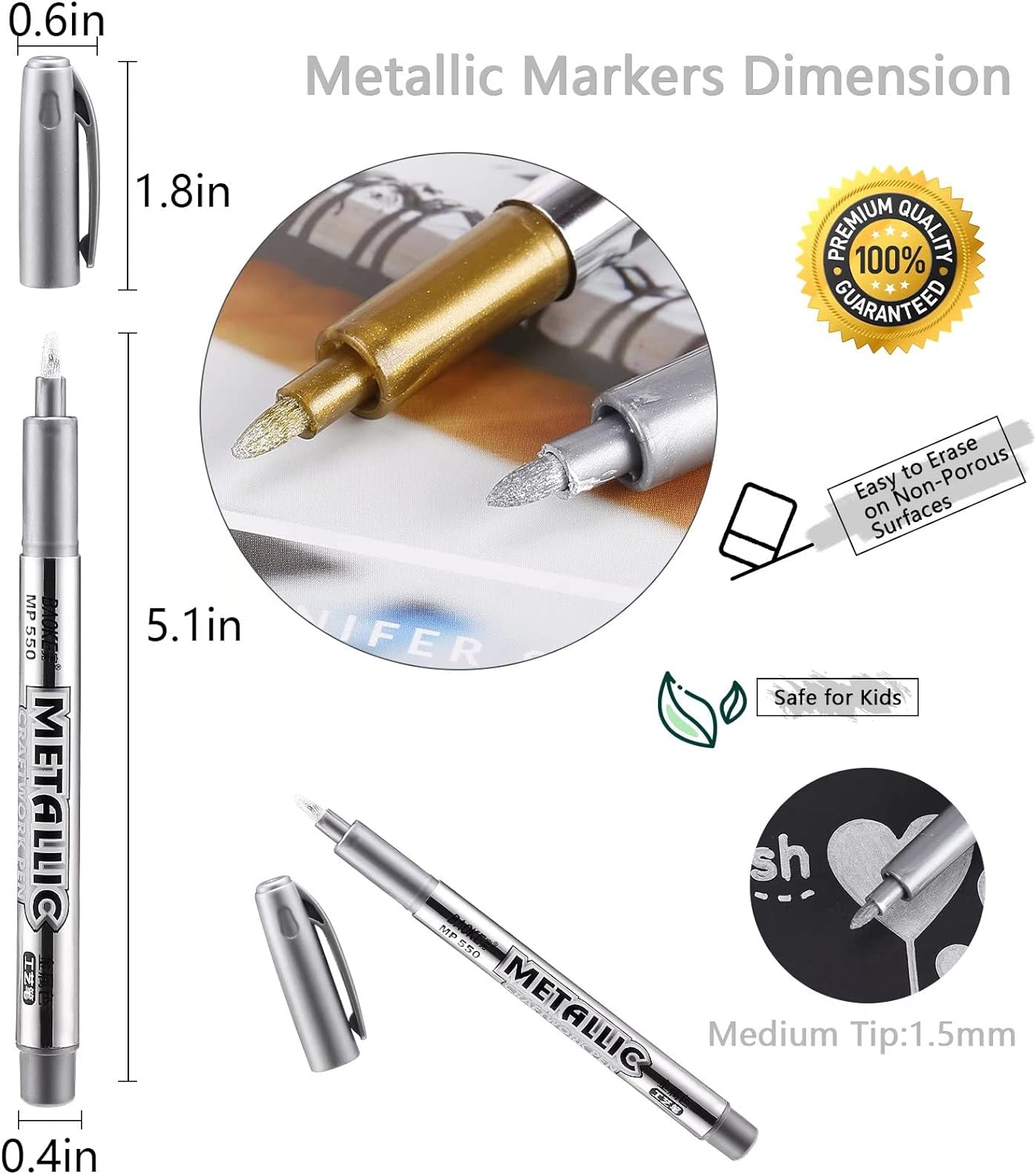 LOONENG Silver Permanent Marker, Fine Point, Acid Free, Non-Toxic Ink, Quick Drying, Ideal for Adult Coloring, Crafts, Gift Cards, Fabric, Photo Albums, 8 Count