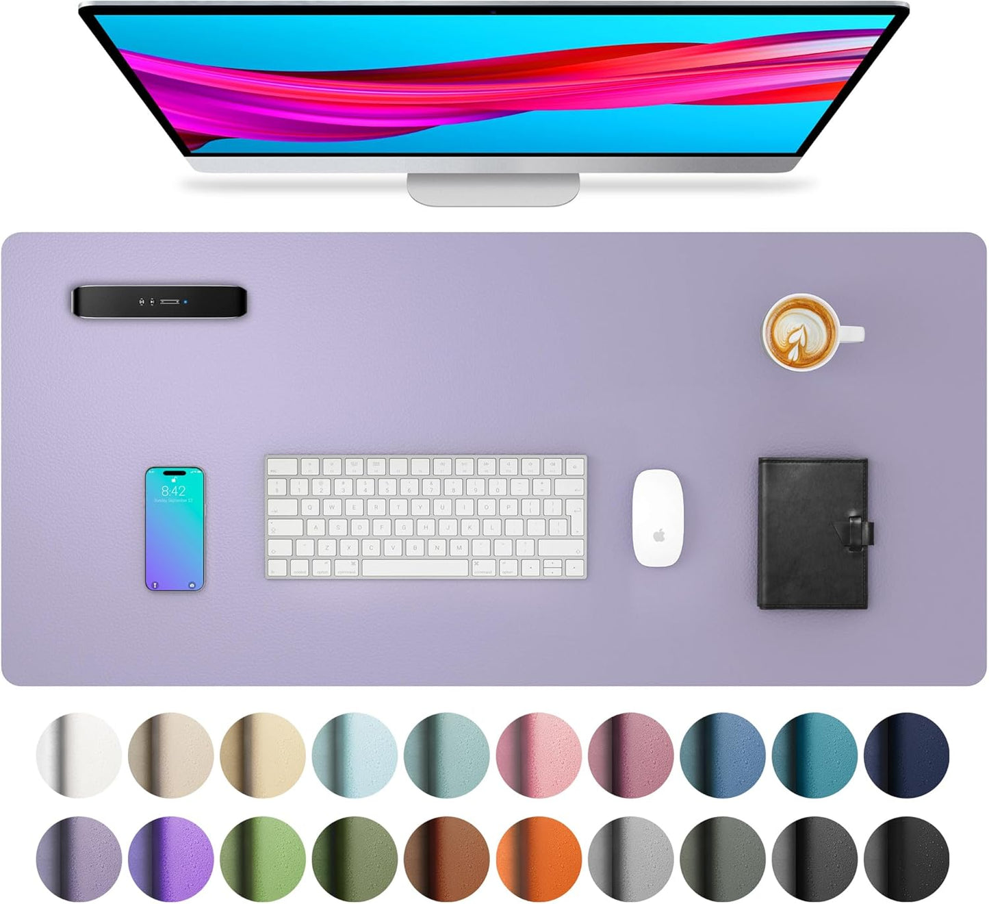 Aothia Leather Desk Pad Protector, Mouse Pad, Office Desk Mat, Non-Slip PU Leather Desk Blotter, Laptop Desk Pad, Waterproof Desk Writing Pad for Office and Home (23.6" x 13.7", Lavender)