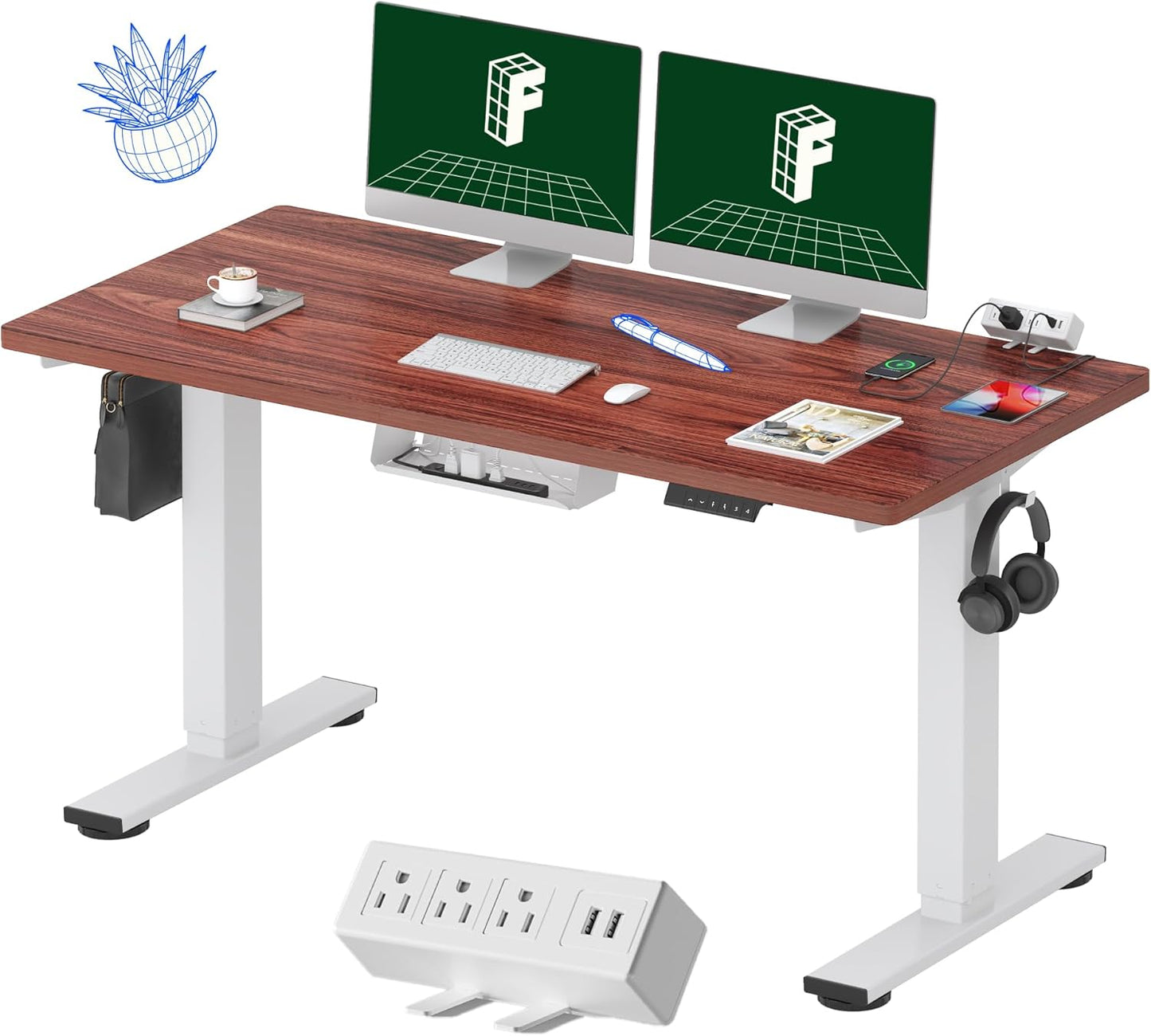 FLEXISPOT EN2 Whole-Piece Standing Desk with Clamp Power Strip, 55 x 28 Electric Stand Up Height Adjustable Desk with Cable Management (White Frame + 55" Mahogany Top, 2 Packages)