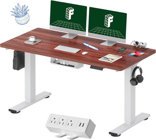 FLEXISPOT EN2 Whole-Piece Standing Desk with Clamp Power Strip, 55 x 28 Electric Stand Up Height Adjustable Desk with Cable Management (White Frame + 55" Mahogany Top, 2 Packages)