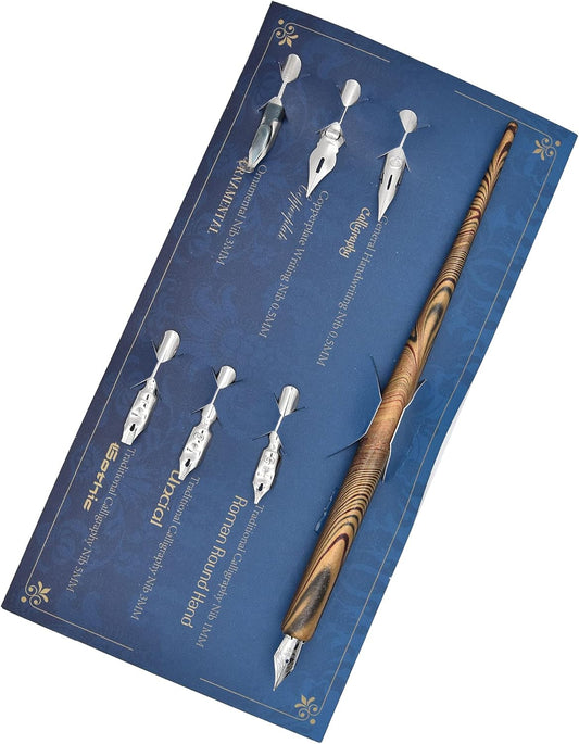 Gullor Wooden Dip Pen Calligraphy Set with Black Ink & 6 Nibs for Beginners, Kids, Writing, Signatures and Drawing, Gold