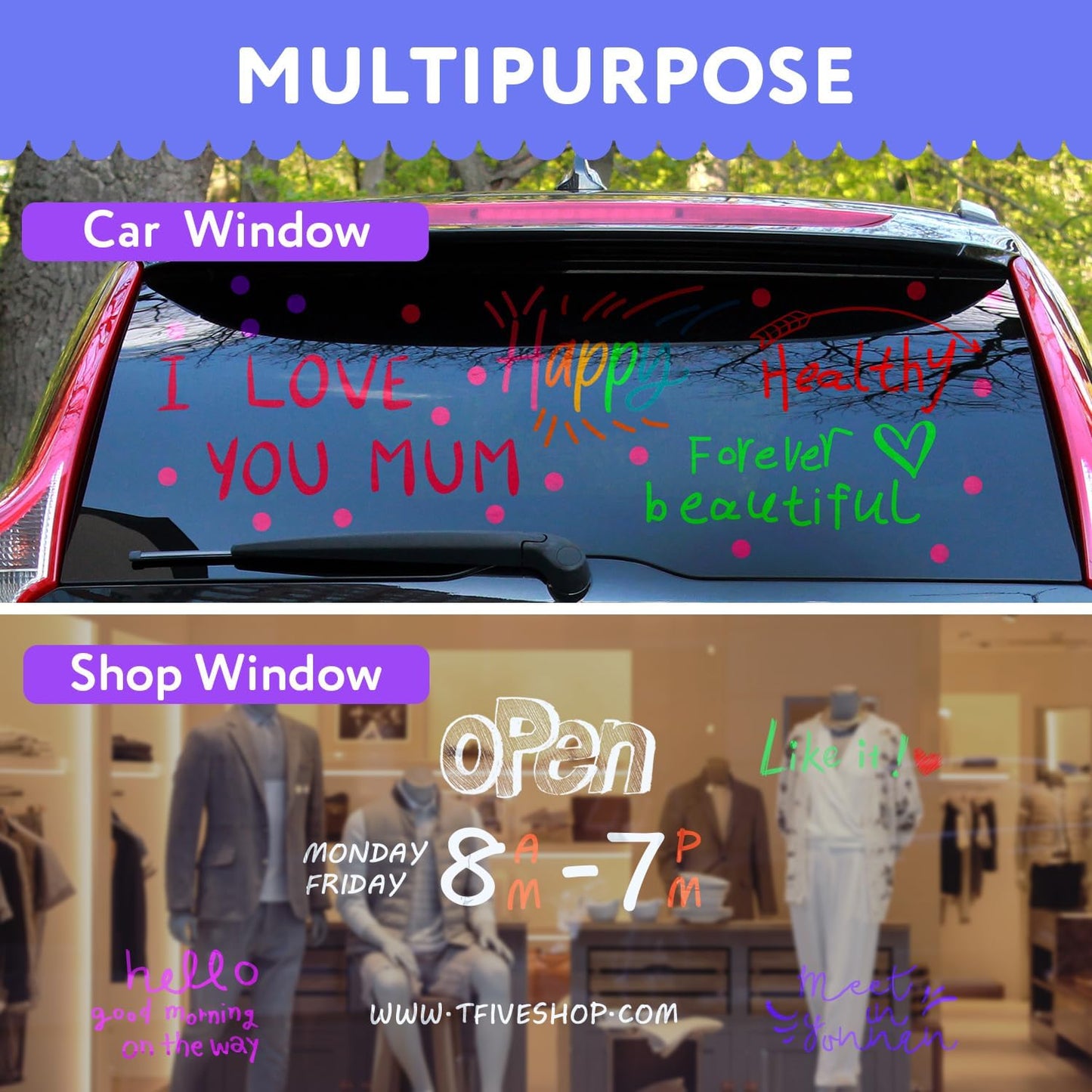 TFIVE White Chalk Markers - Dry & Wet Erase Marker Pens for Chalkboards, Signs, Windows, Blackboard, Glass, Mirrors, Liquid chalkboard markers with Reversible Tip and 24 Labels(8 Pack)