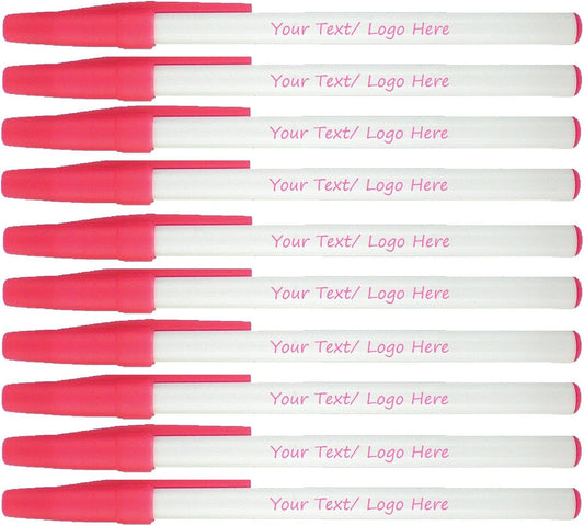 Personalized Stick Pens With your Custom Logo or Text-500 Pack Bulk-for Businesses, Parties, and Events, Custom Printed Slim Ballpoint Pens with Cap, Pink, Black Ink