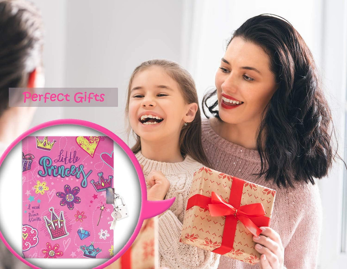 Girls Diary with Lock for Kids, 7x5.25 Inches 160 Lined Pages Secret Pink Princess Notebook for Girls Journal with Lock for Kids Pre School Writing Drawing Cute Girls Gifts for Birthday