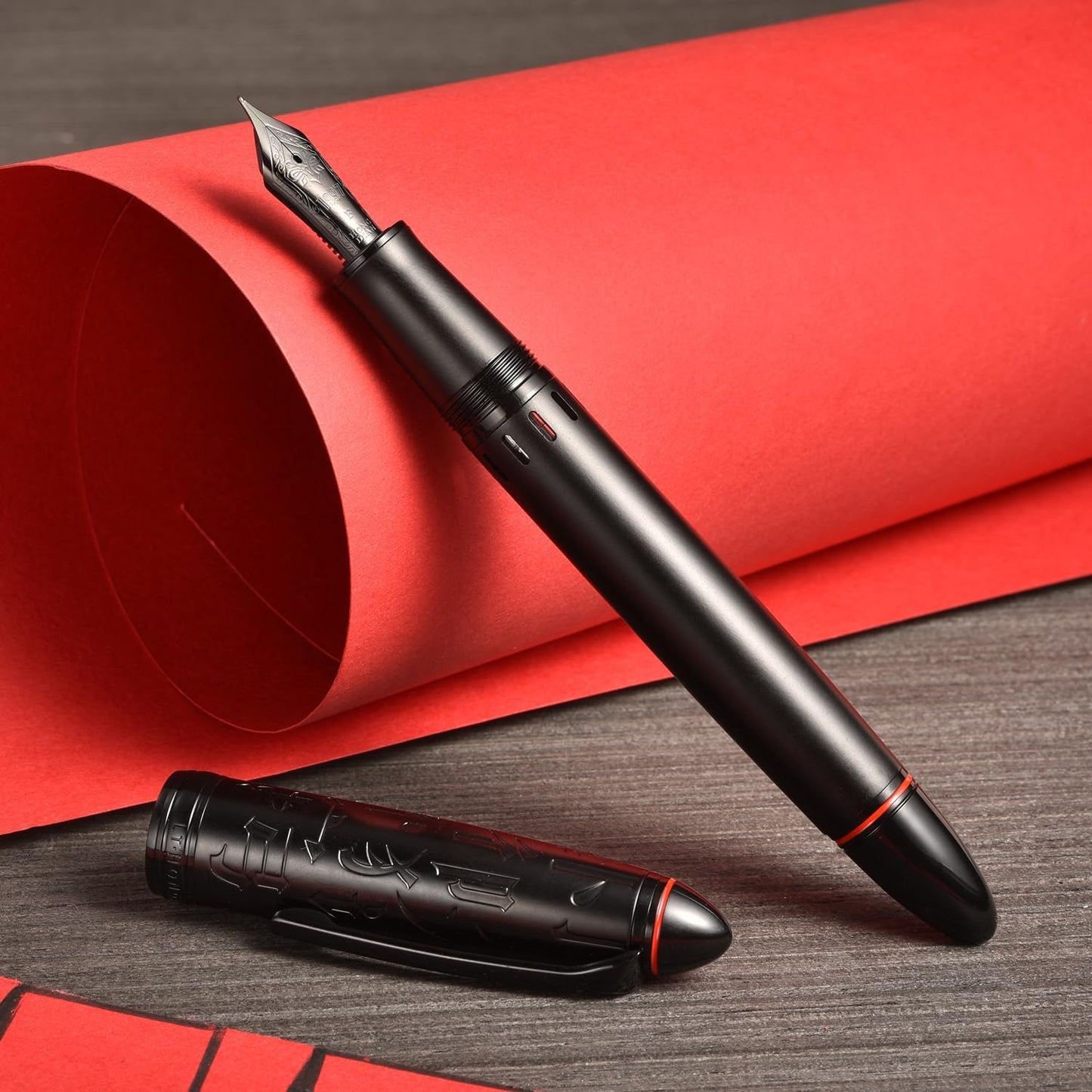 Hongdian N6 Black Metal Resin Piston Fountain Pen Black Long Blade Nib Classic Pen, Includes Metal Box Writing Pen