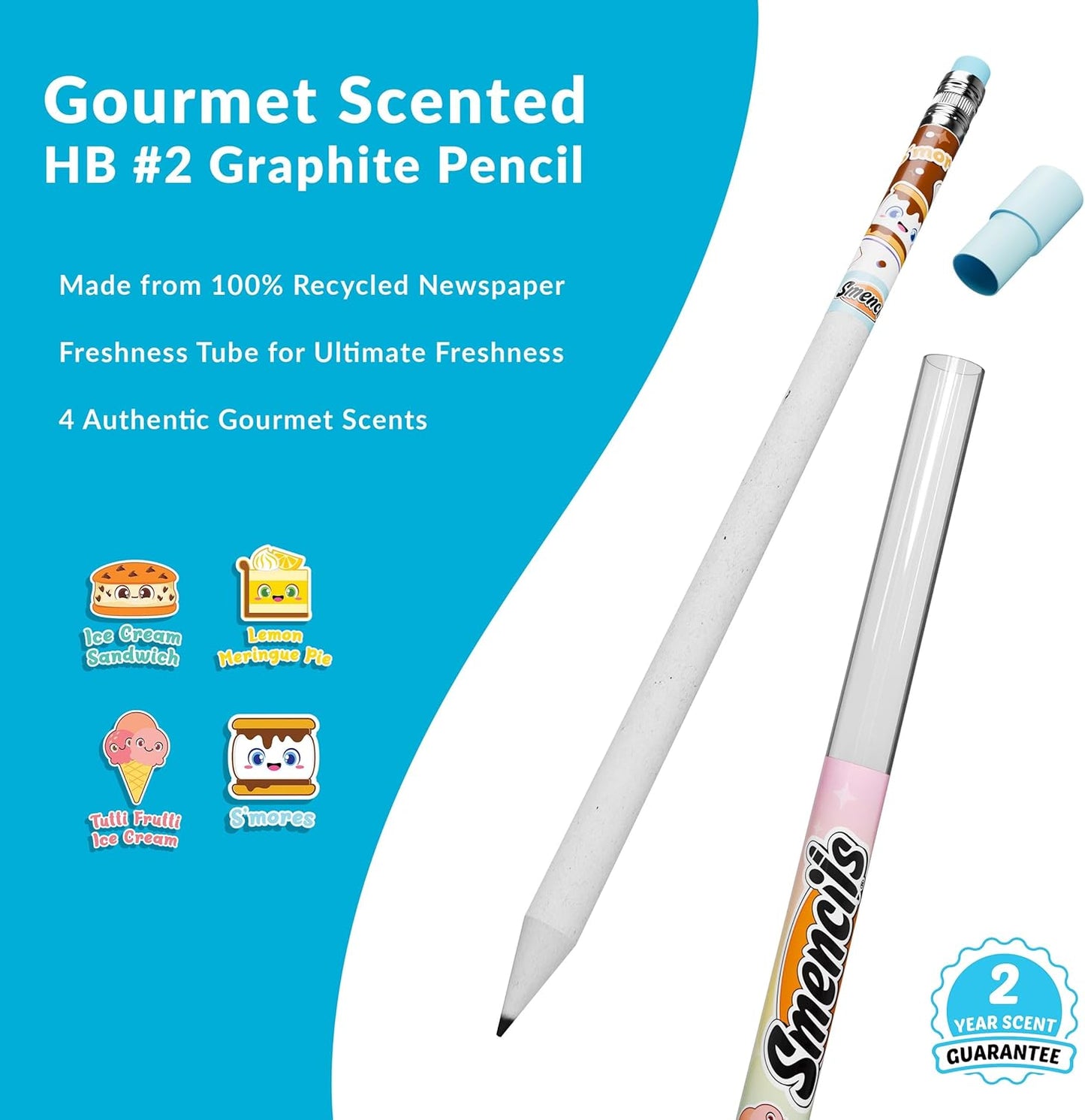 Smencils Dessert Scented Pencils – HB #2 Graphite Pencils Made from Recycled Newspapers, 4 Pack, Long-Lasting Gourmet Scents, Fun School Supplies & Gifts for Kids, Teachers, Classroom Rewards