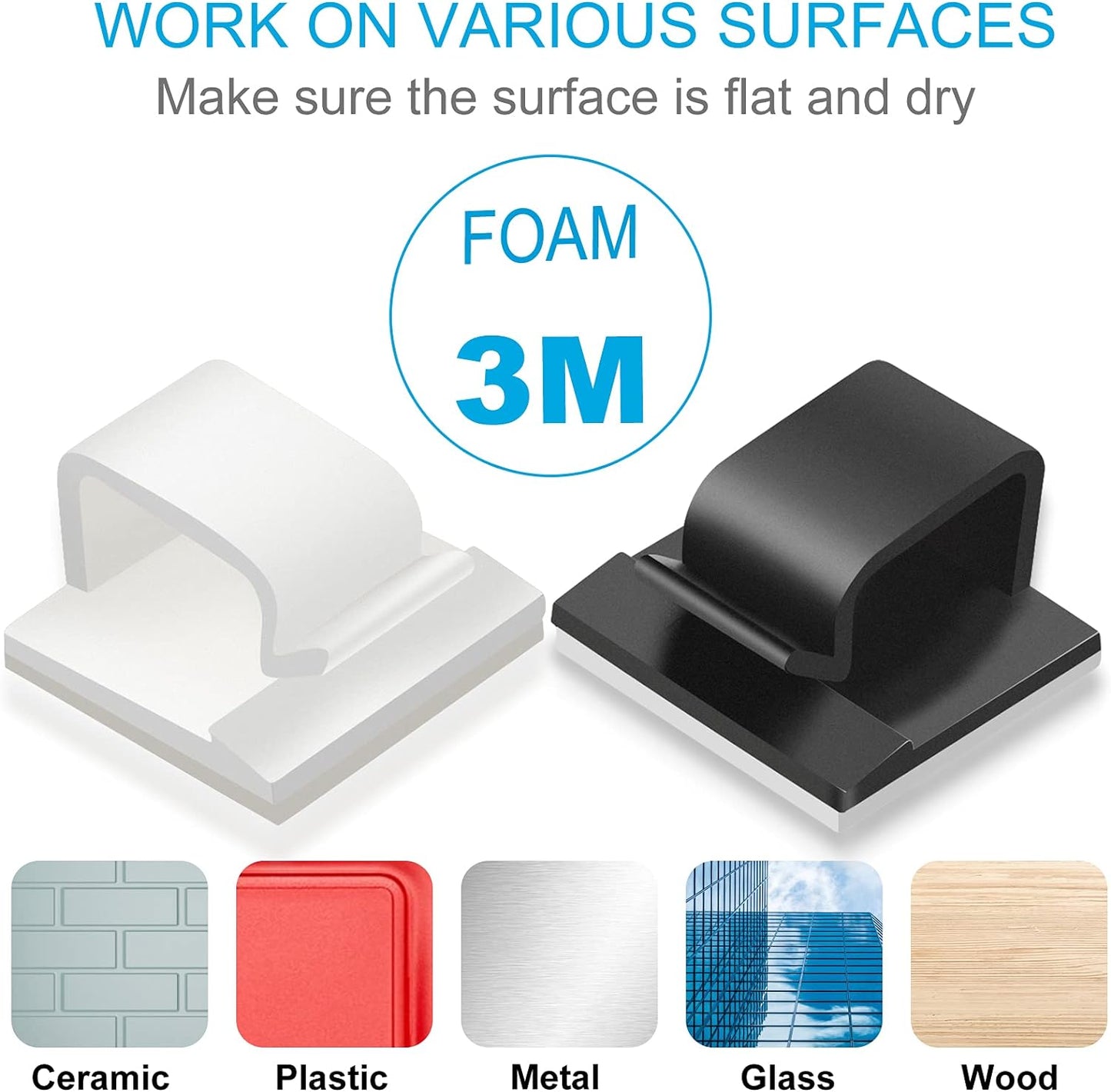 100 PCS Adhesive Cable Clips White (Small & Large), Upgraded Wall Wire Holder for Cord Organizer Cable Management, Outdoor Light Clips Hooks for LED, Car Dash Cam, HDMI, Extension Cord