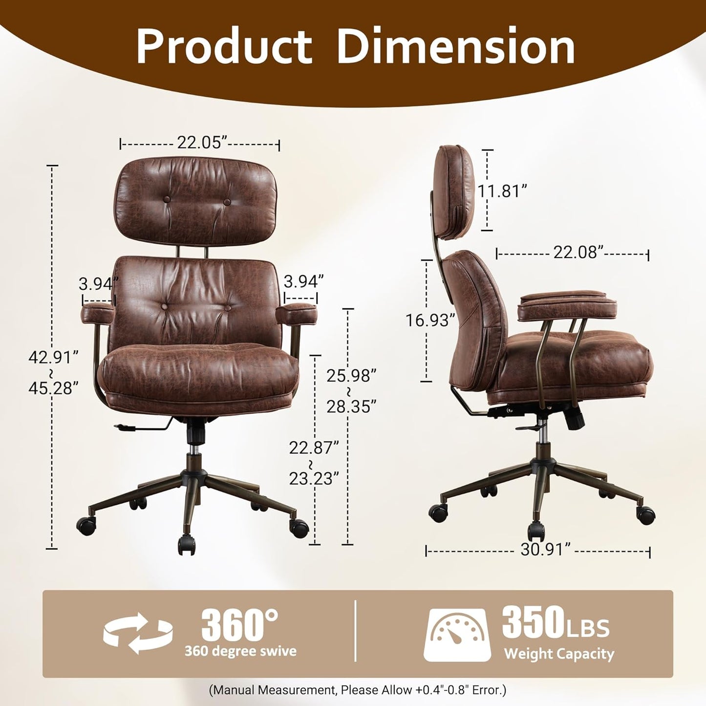 Faux Leather Executive Office Chair - Big and Tall Ergonomic Home Office Chair,Reclining Computer Desk Chair w/Lumbar Support,Adjustable Task Chair Swivel Rolling Chair with Wheels,Dark Brown,Suede