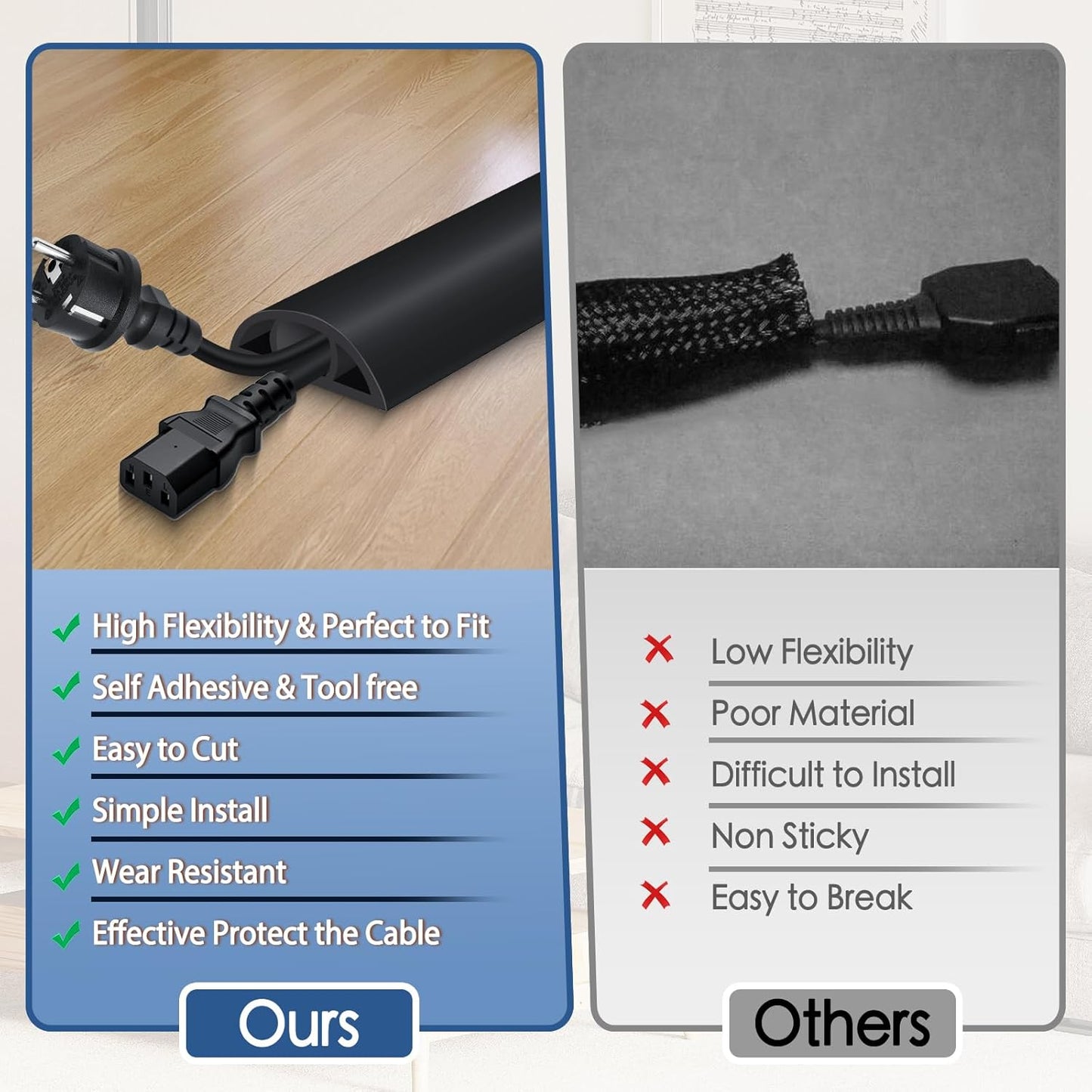 Floor Cord Cover for Wires on Floor Self Adhesive Cord Hider Floor Cable Management Wire Covers for Cords Protector Prevent Cable Trips Cord Cavity W 0.47" x H 0.27", Black, 10Ft