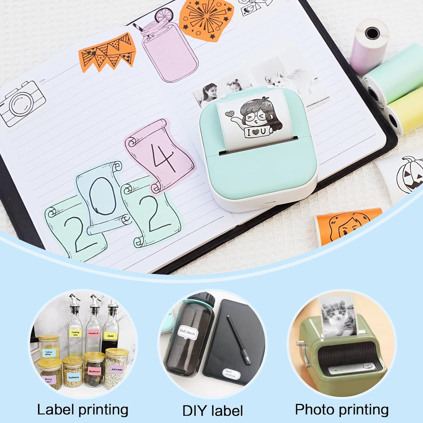 12 Rolls 53mmx3.75m Thermal Printer Paper, Mini Colorful Self-adhesive Label Printer Paper for Memoking Mini Printer, Small Printer T02/M02, Study Notes, Journal Photos (Multicolor)