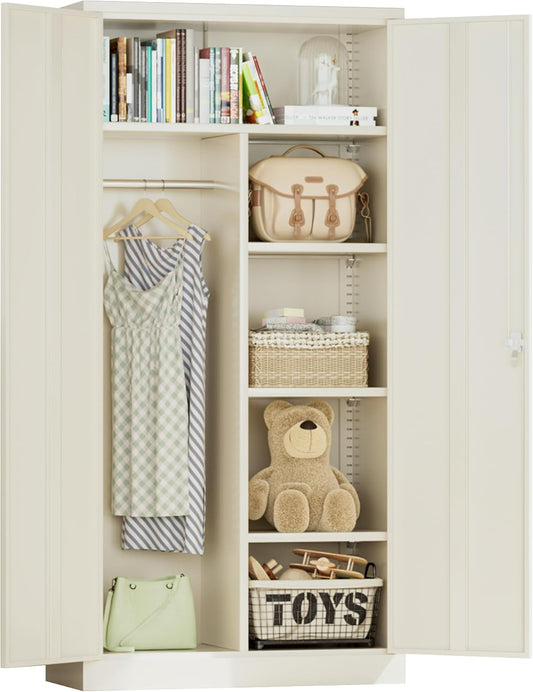 Greenvelly Metal Wardrobe Cabinet with Lock Door, 72" Metal Wardrobe Closet with Hanging Rods and Adjustable Shelves, Clothing Storage Closet Cabinet for Home, Office, Employee, Gym (Grey)