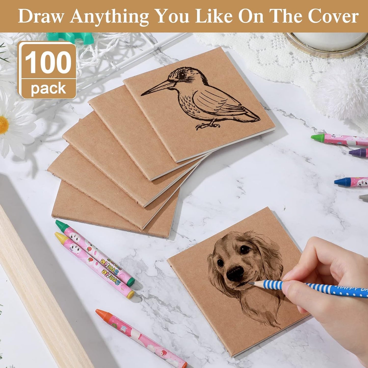 100 Pieces Mini Blank Notebook Bulk Set Small Kraft Paper Unlined Journals Pocket Journal for Kids Drawing Sketchbook Office Supplies 4 x 4 inch Small Sketchbooks with 24 Sheets (Blank Style)