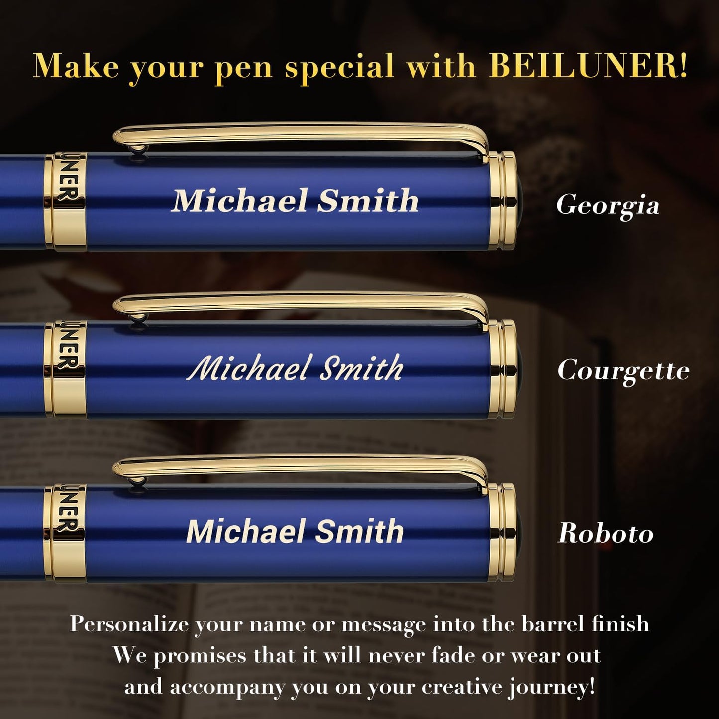 BEILUNER Blue Personalized Fountain Pen,Stunning Luxury Lacquer,24K Gilded Nib(Fine),Gorgeous 24K Gold Finish, Ink Converter,Fancy Gift for Men&Women-Elegant, Graduation,Nice Pens for Writing