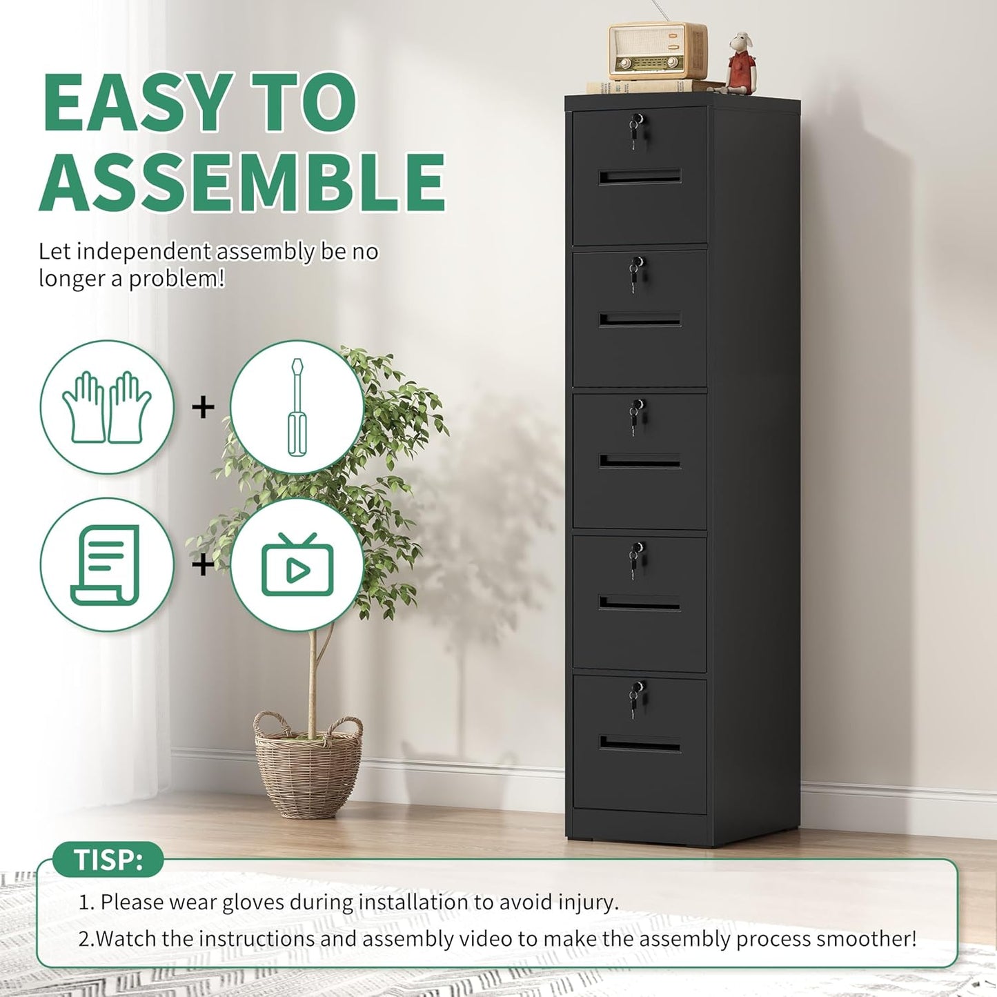 File Cabinet 5 Drawer with Lock, Vertical Filing Cabinets for Home Office, Metal Steel Storage Cabinet for Letter/Legal Size File, Assembly Required(Black)