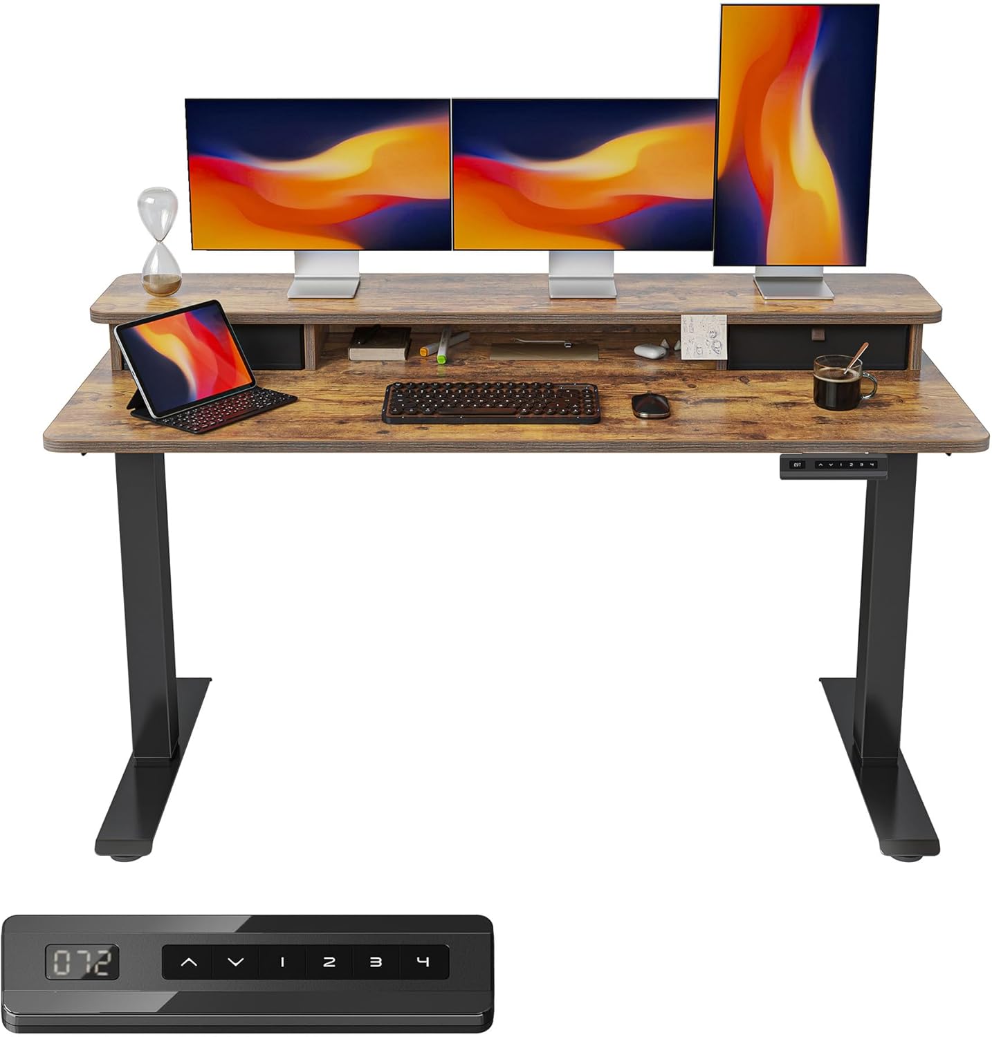 FEZIBO 60 x 24 Inch Height Adjustable Electric Standing Desk with Double Drawer, Computer Desk, Home Office Stand Up Table with 4 Height-Adjustable Feets & 2 Hooks, Rustic Brown