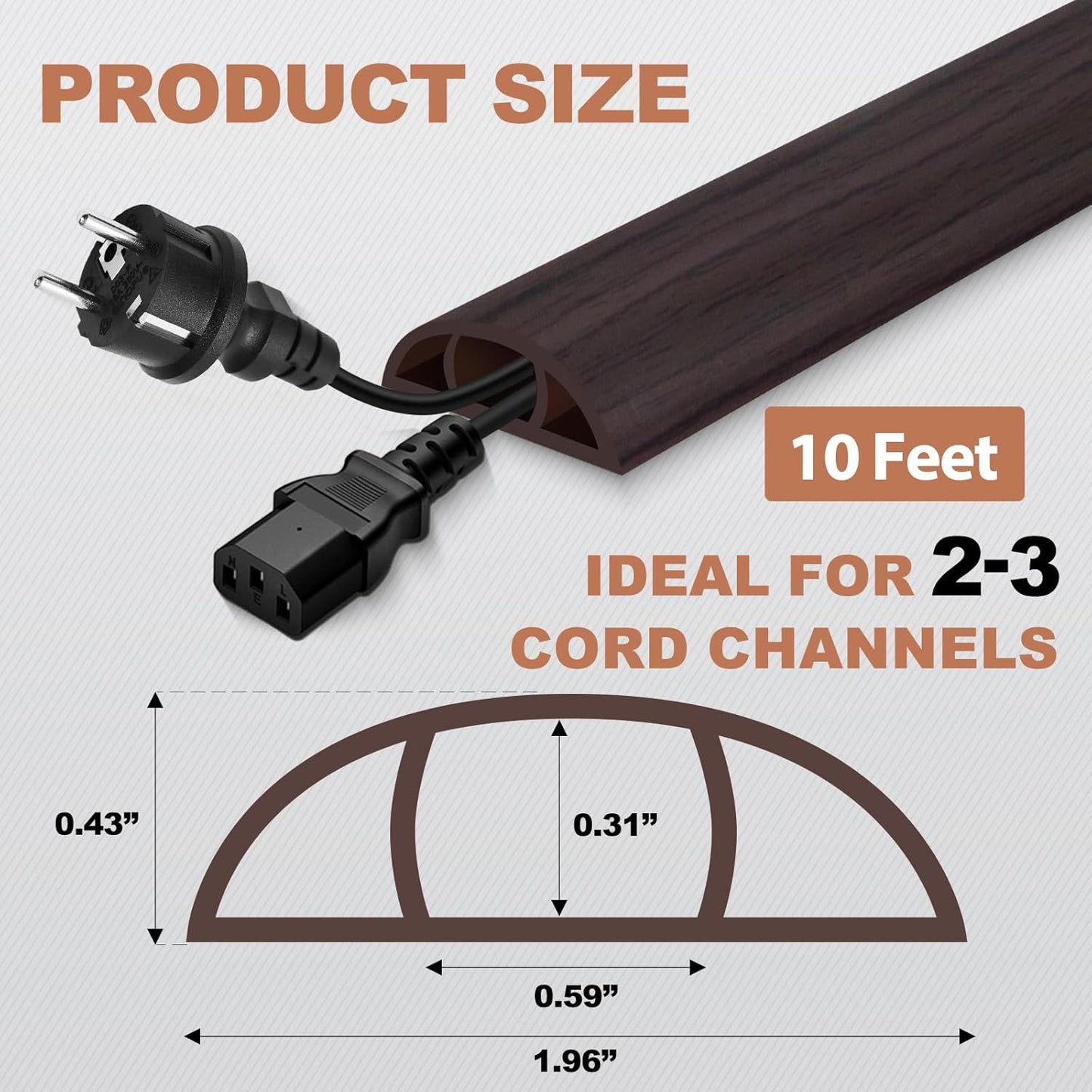Floor Cord Cover for Wires on Floor Self Adhesive Cord Hider Floor Cable Management Wire Covers for Cords Protector Prevent Cable Trips Cord Cavity W 0.59" x H 0.31", Black Walnut, 10Ft