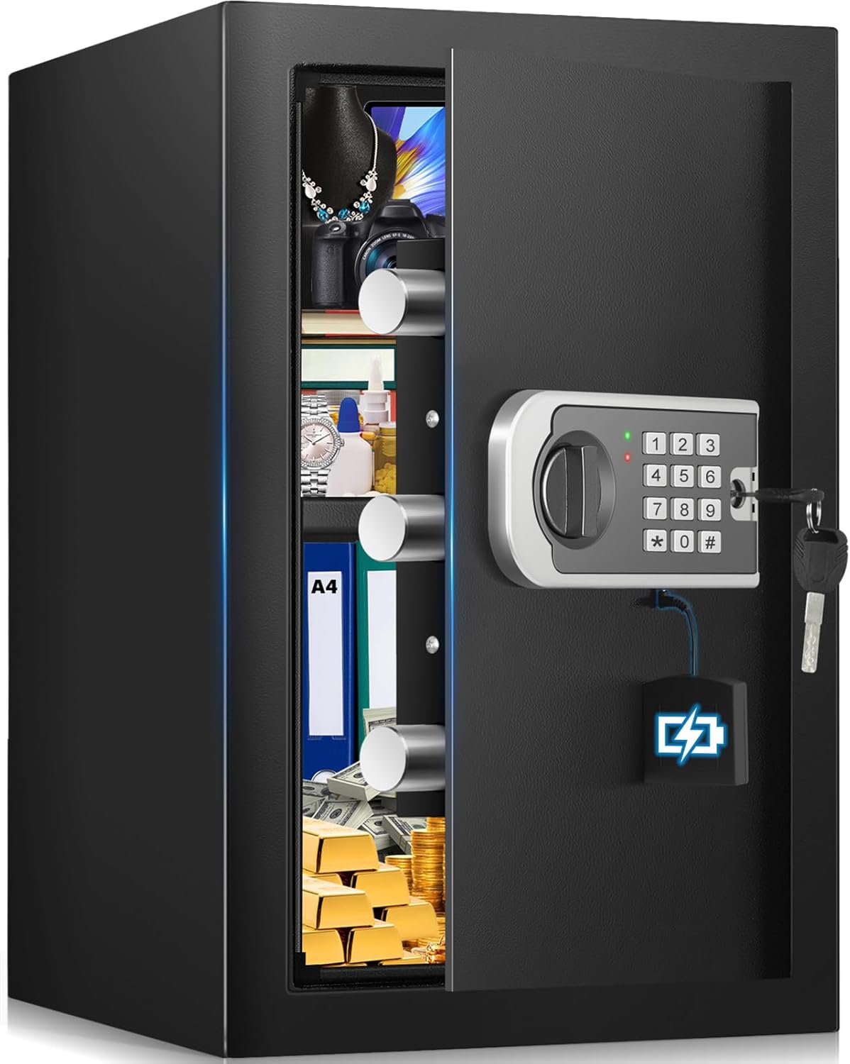 2.6 Cuft Safe Box, Steel Home Security Safe with Fireproof Waterproof Money Bag, Anti-Theft Safes for Home with Programmable Keypad Keys, Digital Safety Box for Documents Valuables Jewelry