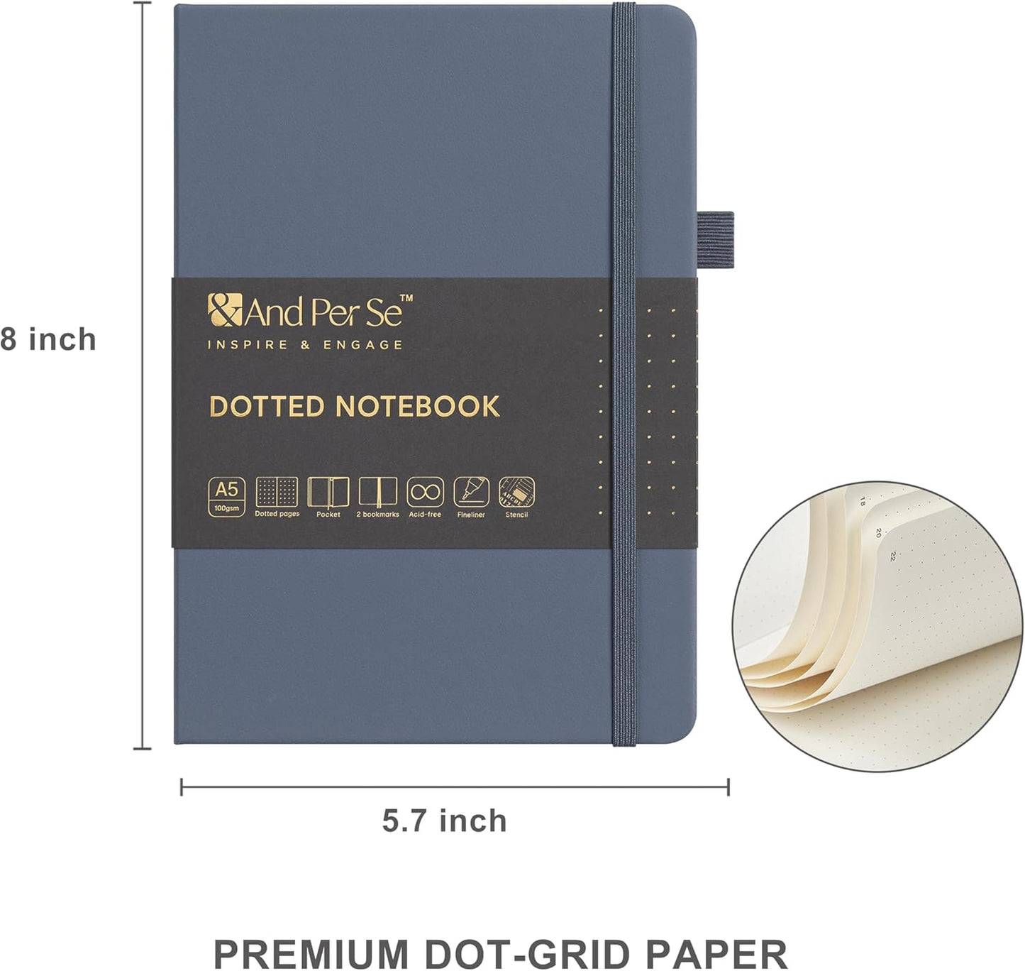 &And Per Se Dotted Journal Notebook Set, A5 Hardcover Dotted Journal (Dark Blue), 6 Fineliner Pens, 8 Sticker, 5 Stencil Sheets & 6 Washi Tapes, Journaling Supplies for Planner Schedule