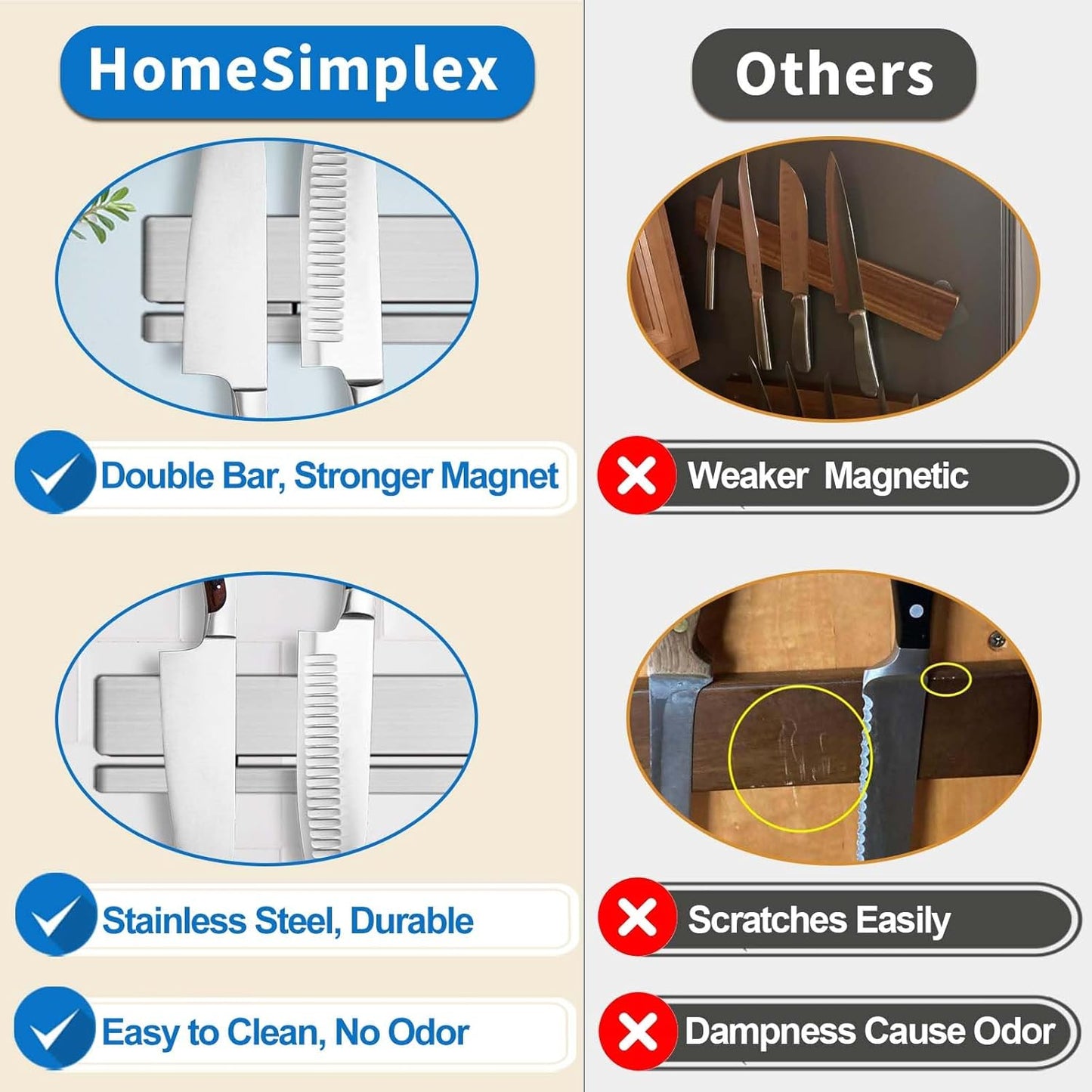 17 Inch Magnetic Knife Holder for Wall No Drill/Drill with 12 Hooks-Strong Adhesive Double Magnetic Bar Knife Magnetic Strip-Kitchen Utensil Holder-304 Stainless Steel Magnetic Knife Block