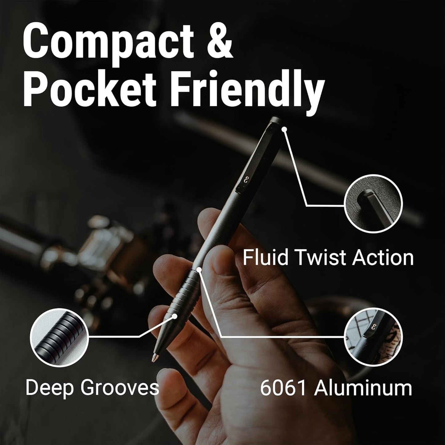 Everyman Grafton Mini Twist Refillable 0.7mm Ball Point Pen Black | Sleek Anodized Aluminum Pocket Pen with Grooved Grip | Smooth Writing EDC Ink Pen for Office, Travel, Work & Gifting