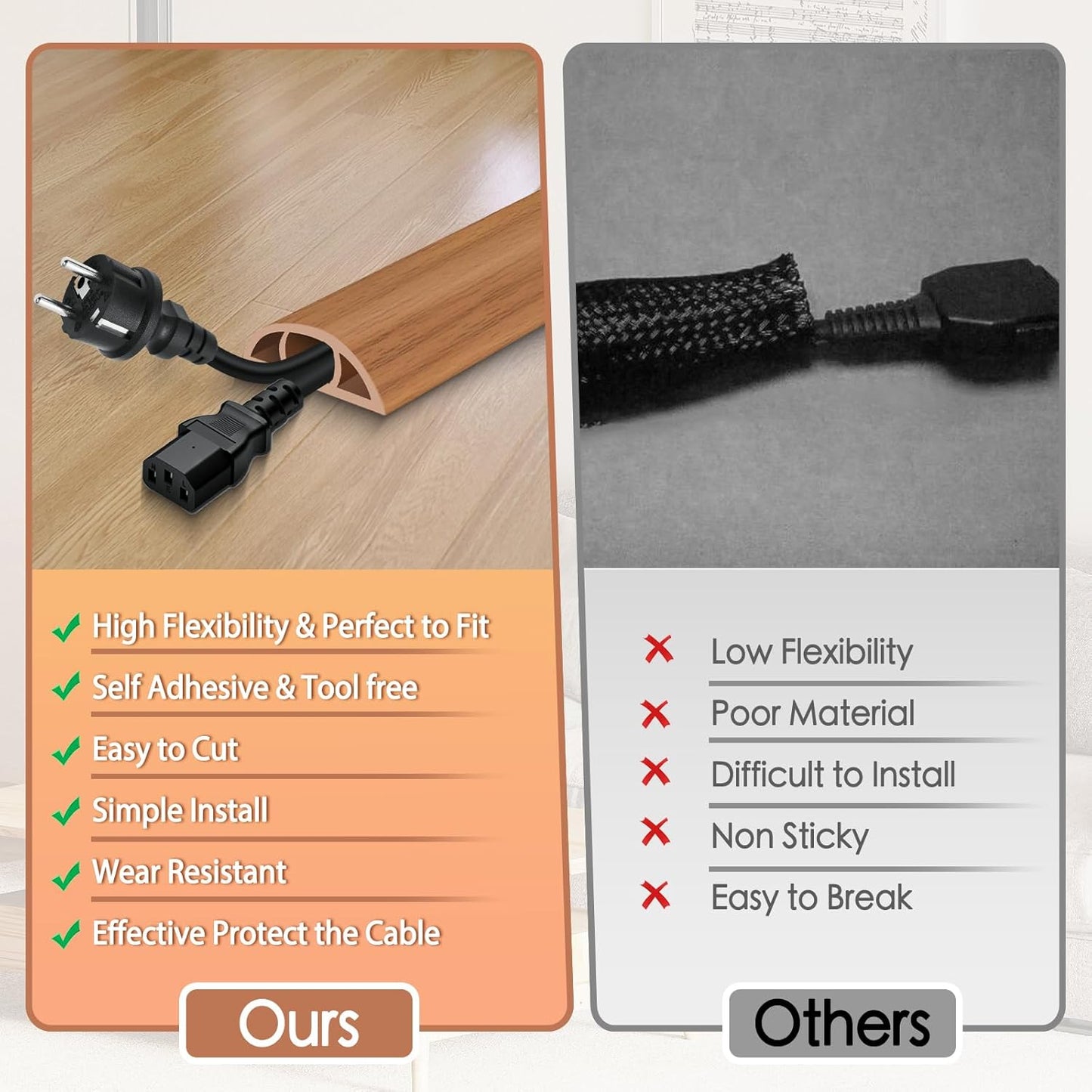 Floor Cord Cover for Wires on Floor Self Adhesive Cord Hider Floor Cable Management Wire Covers for Cords Protector Prevent Cable Trips Cord Cavity W 0.51" x H 0.31", Brown Wood, 20Ft