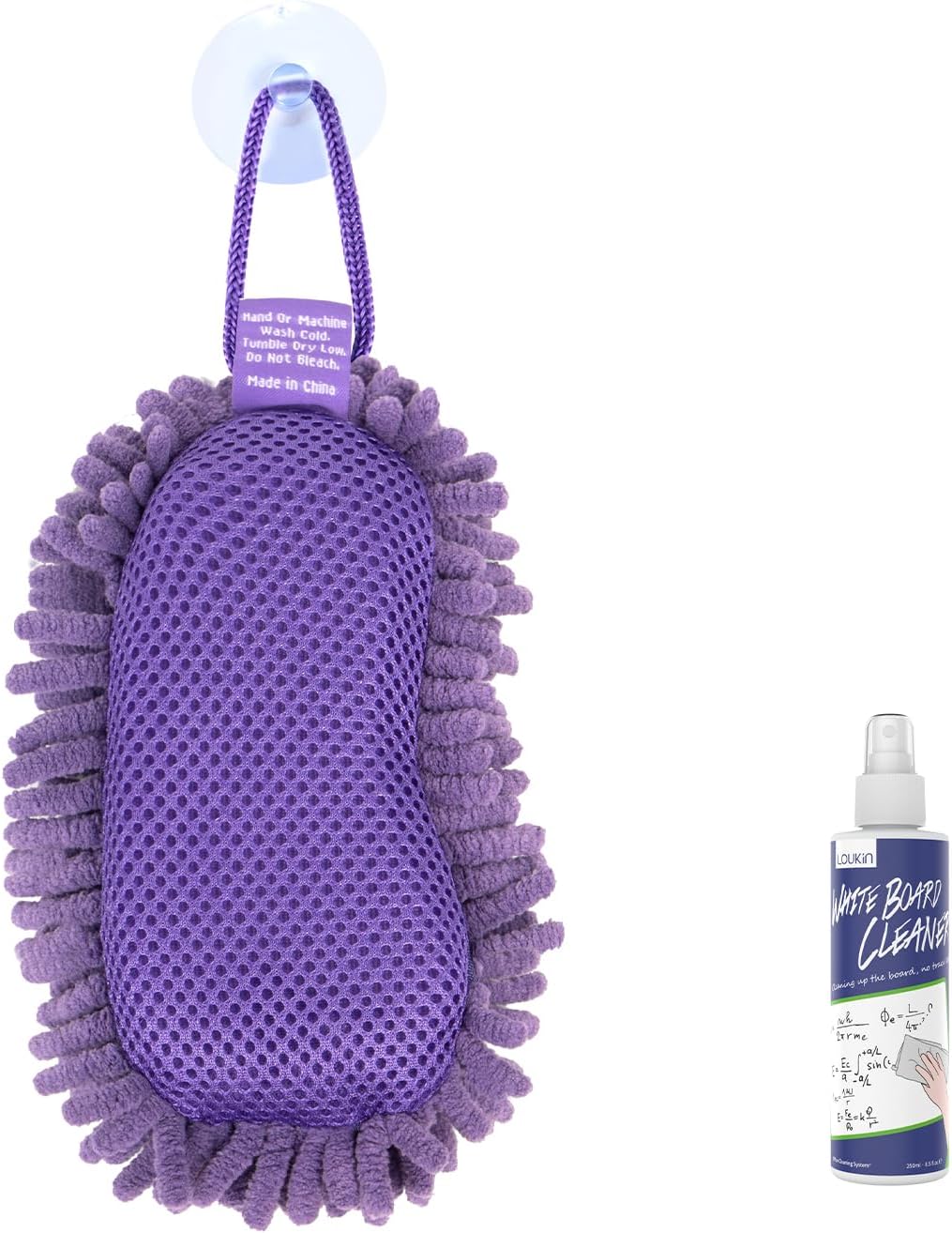 loukin Shag Dry Erase Eraser (3.4 Fl Oz Whiteboard Cleaner Included), Whiteboard Eraser with Suction Cup, Microfiber, Washable, for Classroom, Home and Office Use, Purple