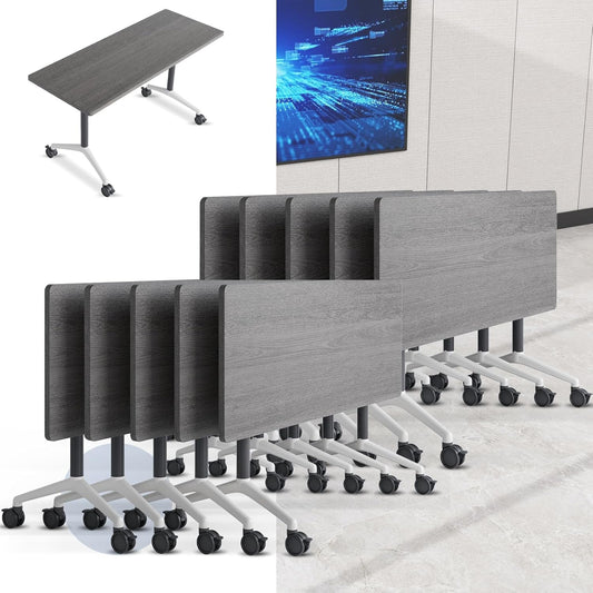 Folding Conference Table, Mobile Training Table for Office Conference, Modern Modular Rectangular Work Desk Meeting Seminar Work Tables with Caster Wheels, Large Breakroom Tables (10Pack L47.2in)