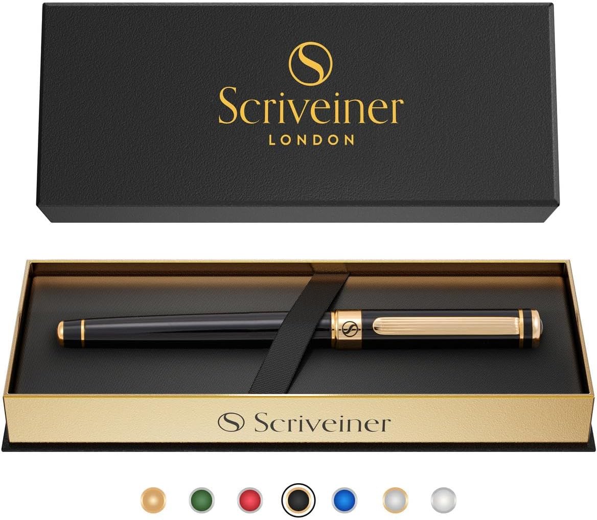 Scriveiner Black Lacquer Rollerball Pen - Stunning Luxury Pen, Real Gold Plating, Schmidt Ink Refill, Best Roller Ball Gift Set for Men & Women, Professional, Executive Office, Nice Pens