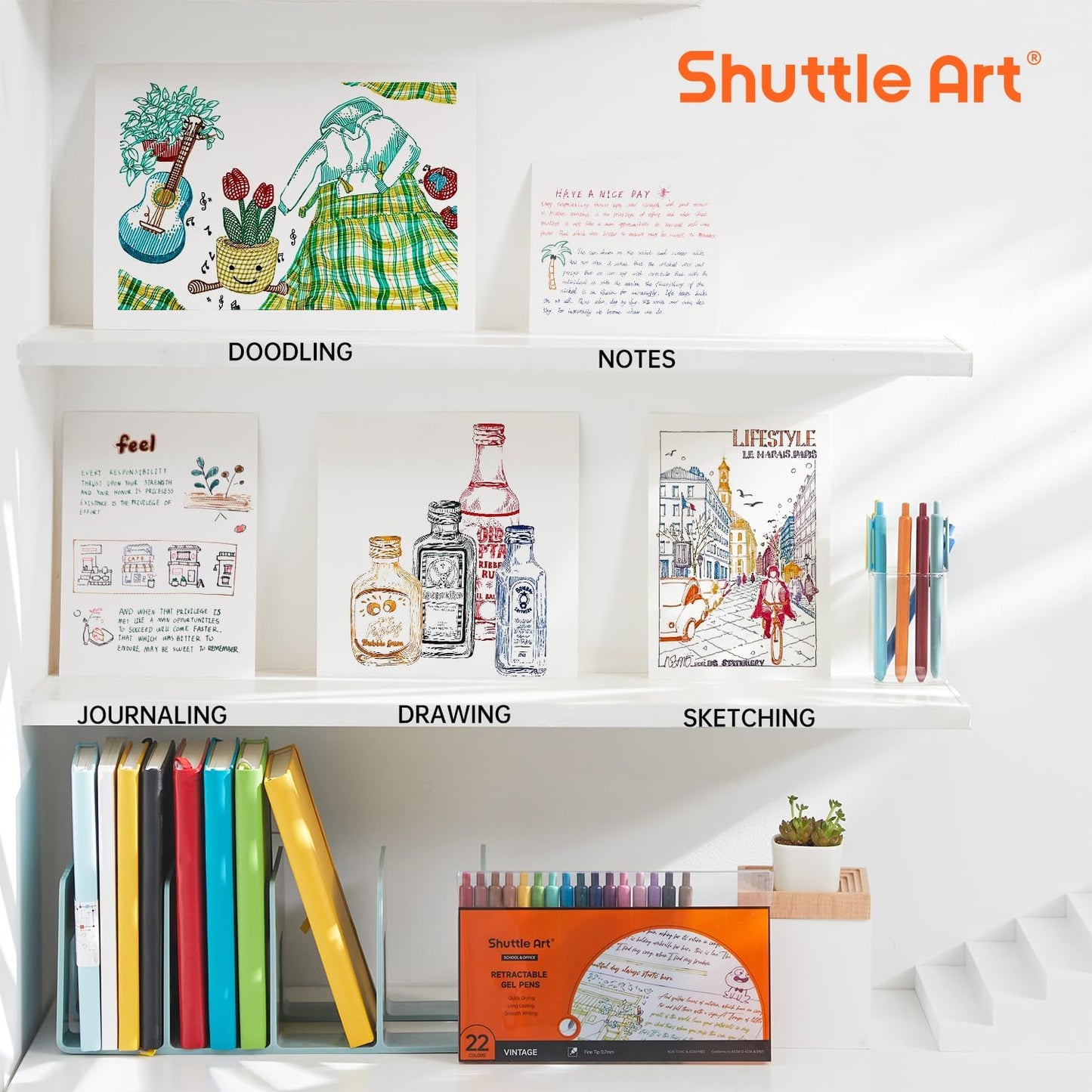 Shuttle Art Colored Retractable Gel Pens, 22 Unique Vintage Ink Colors, 11 Light and 11 Dark Vintage, Cute Pens 0.7mm Point Quick Drying for Writing Drawing Journaling Note Taking School Office Home